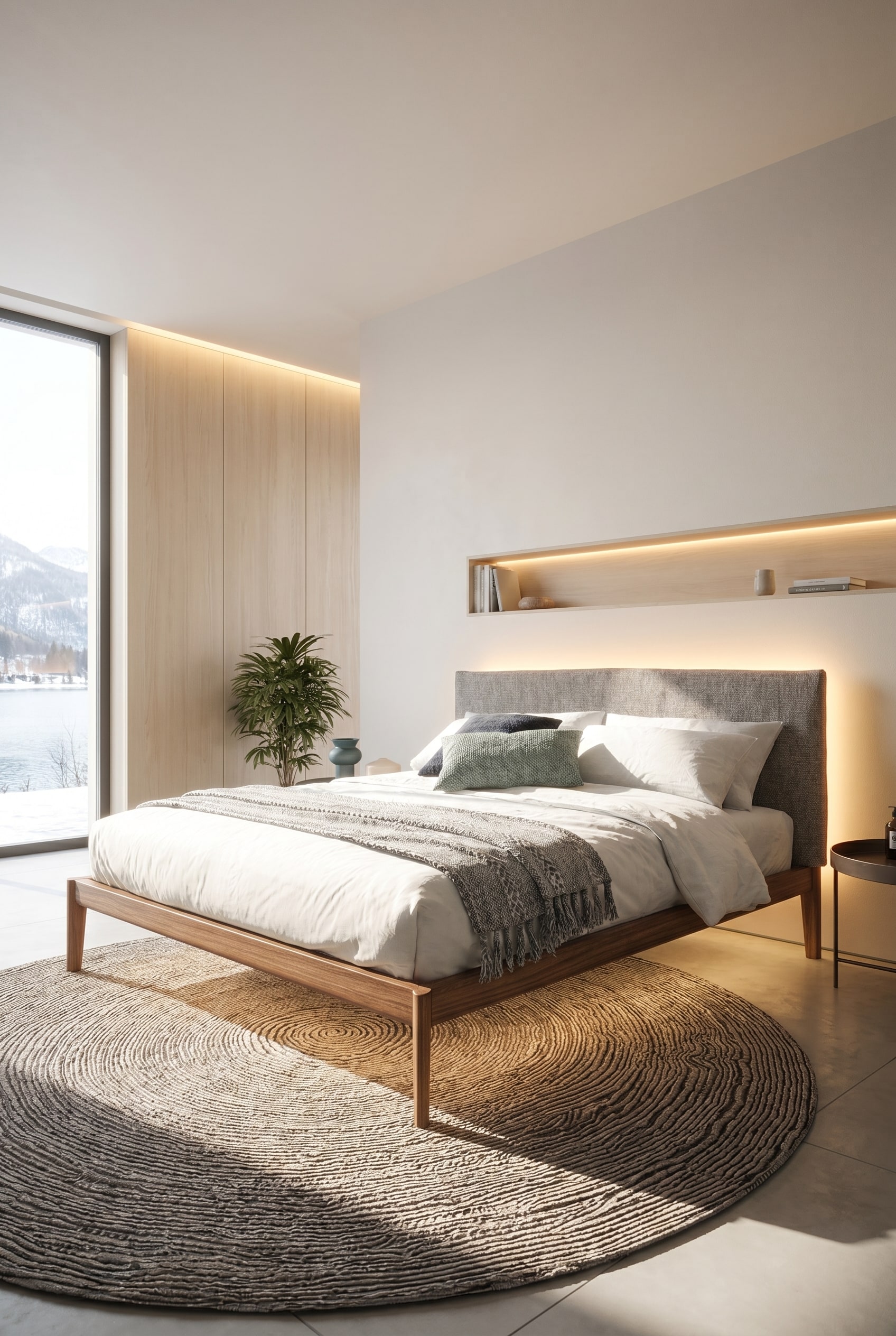 Luminosa camera da letto scandinava con il letto Neos in legno naturale e una cornice in legno illuminata da luce calda