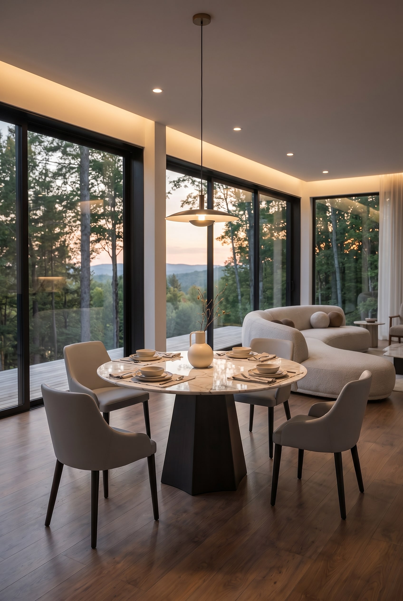Modern dining room with a faceted ceramic dining table Poliedro, four modern chairs, and subtle table styling in daylight