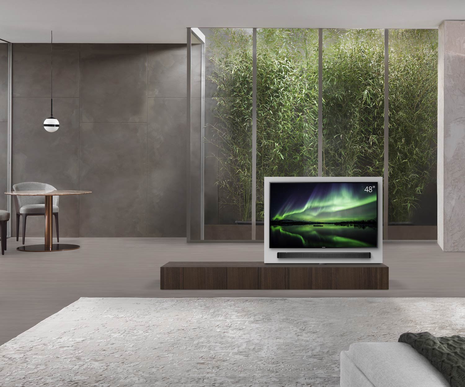 Livitalia Roto design lowboard room divider with swivelling TV panel W120 50 H25 D47 EiBr B90li oBox