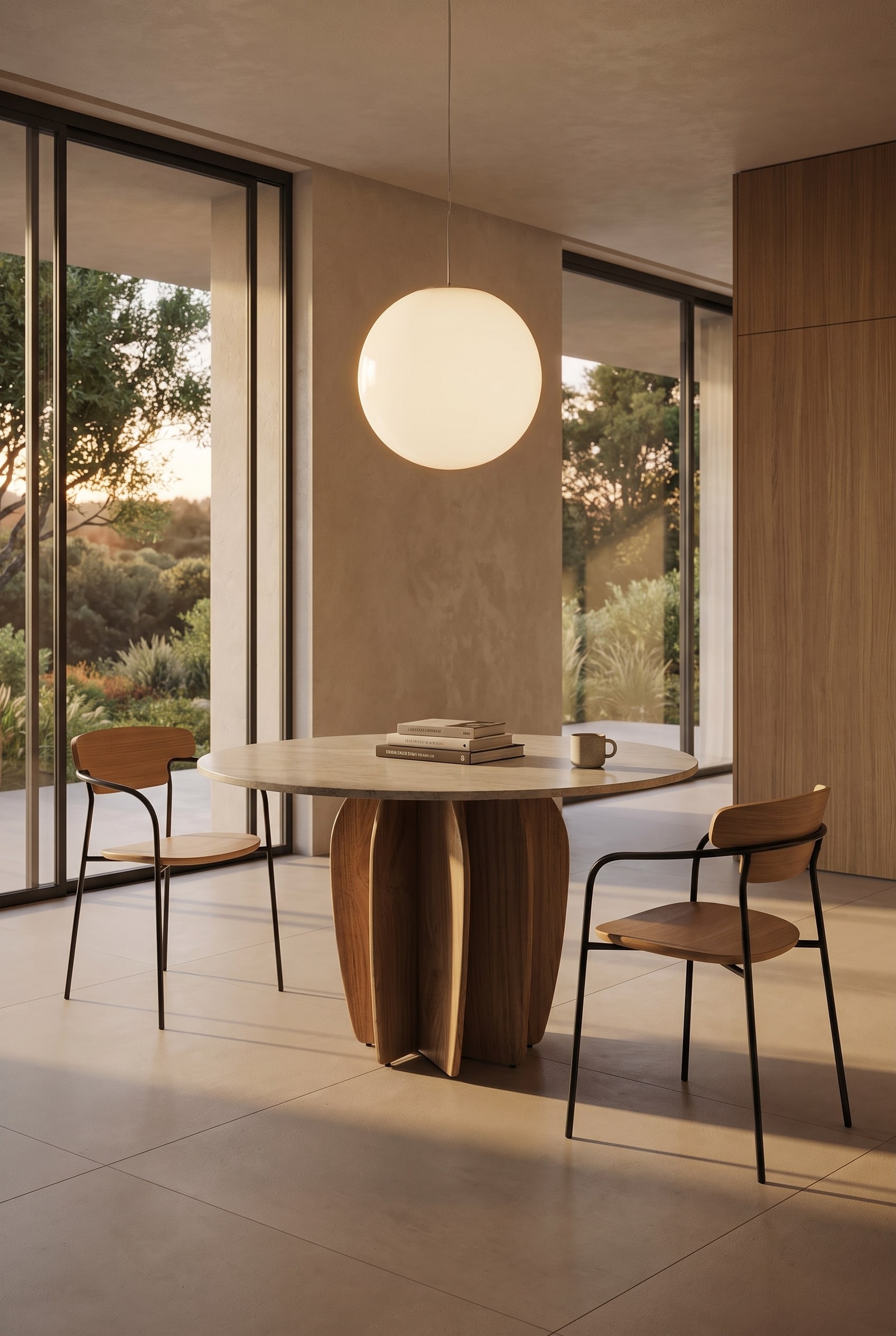 Een lichte eethoek met een massieve, rechtlijnige eettafel, stijlvol aangevuld met moderne houten stoelen met zacht gebogen, organische rugleuningen.