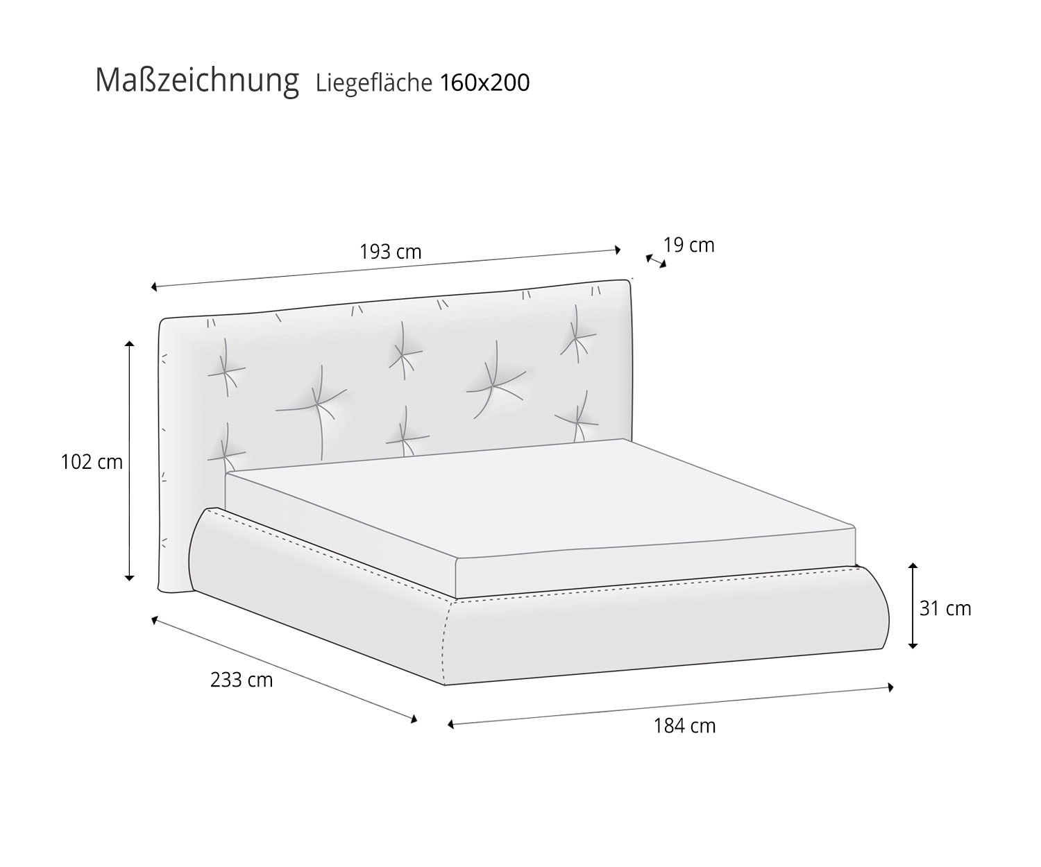 Novamobili Designer bed Modo sketch Size Dimensions of the lying surface 160x200