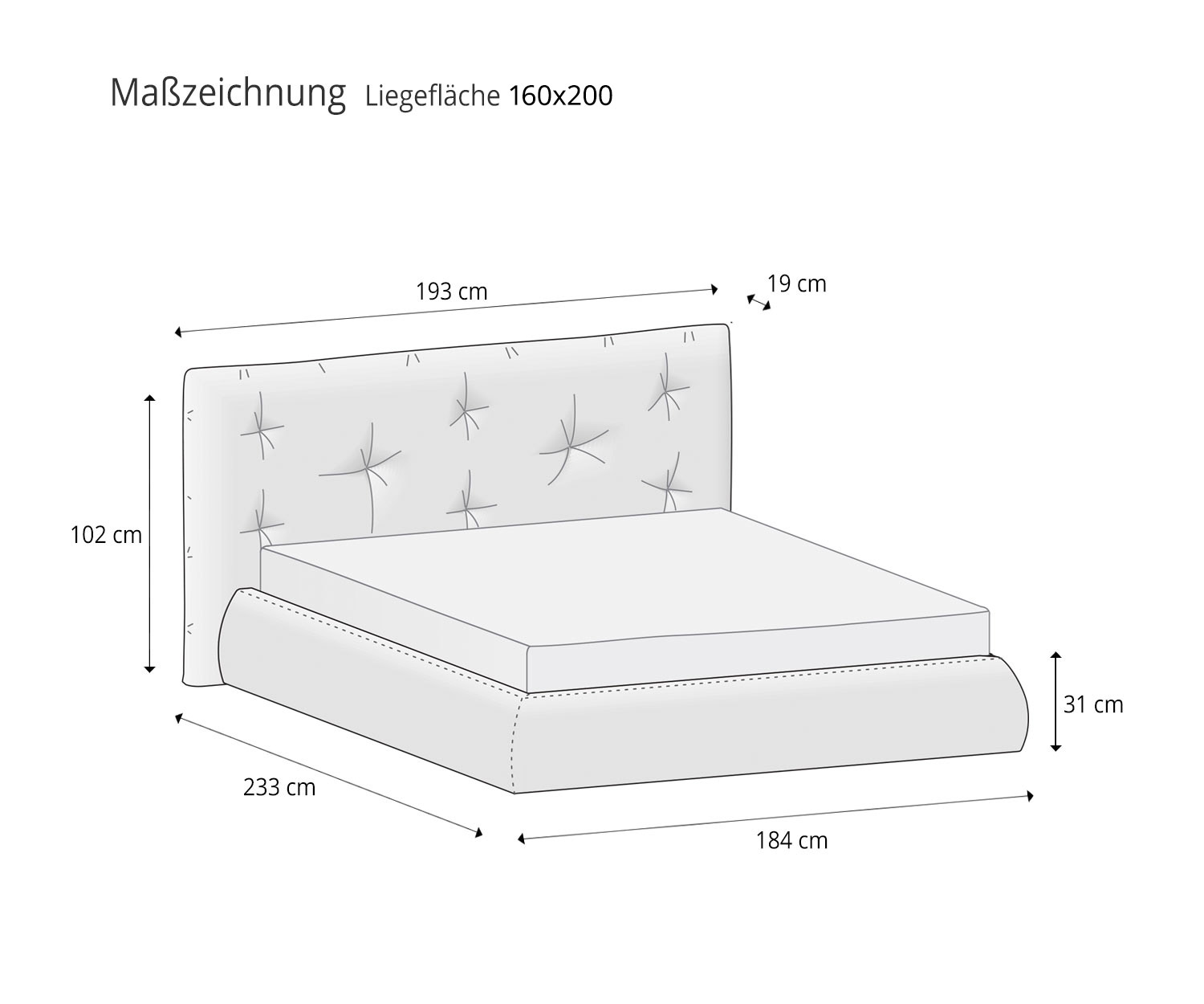 Novamobili Designerbett Modo Skizze Größe Größenangaben Maße der Liegefläche 160x200