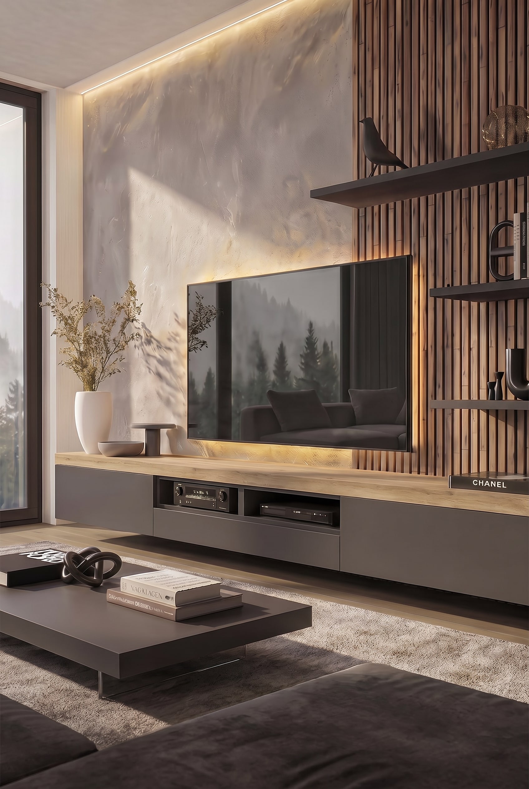 A minimalist XXL lowboard with anthracite-colored fronts and a three-and-a-half-meter long, continuous top panel made of dark walnut veneer.
