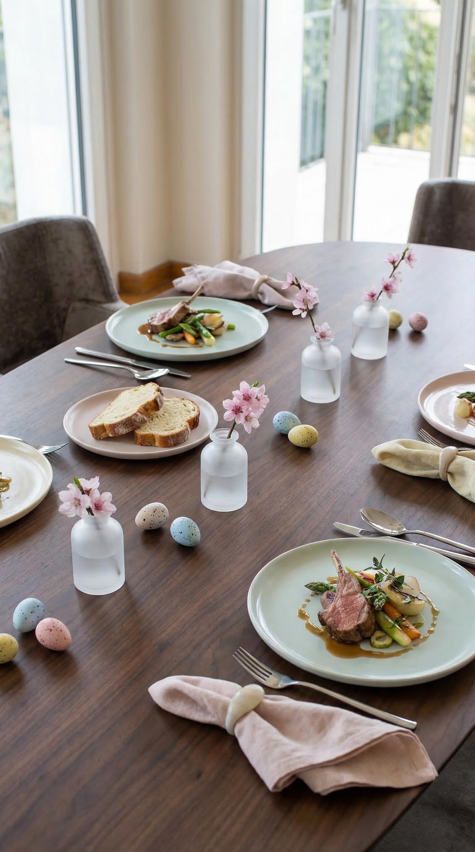 Nahaufnahme eines edlen Holztisches mit minimalistischer Osterdekoration in Pastellfarben. Nahaufnahme eines edlen Holztisches mit minimalistischer Osterdekoration in Pastellfarben.