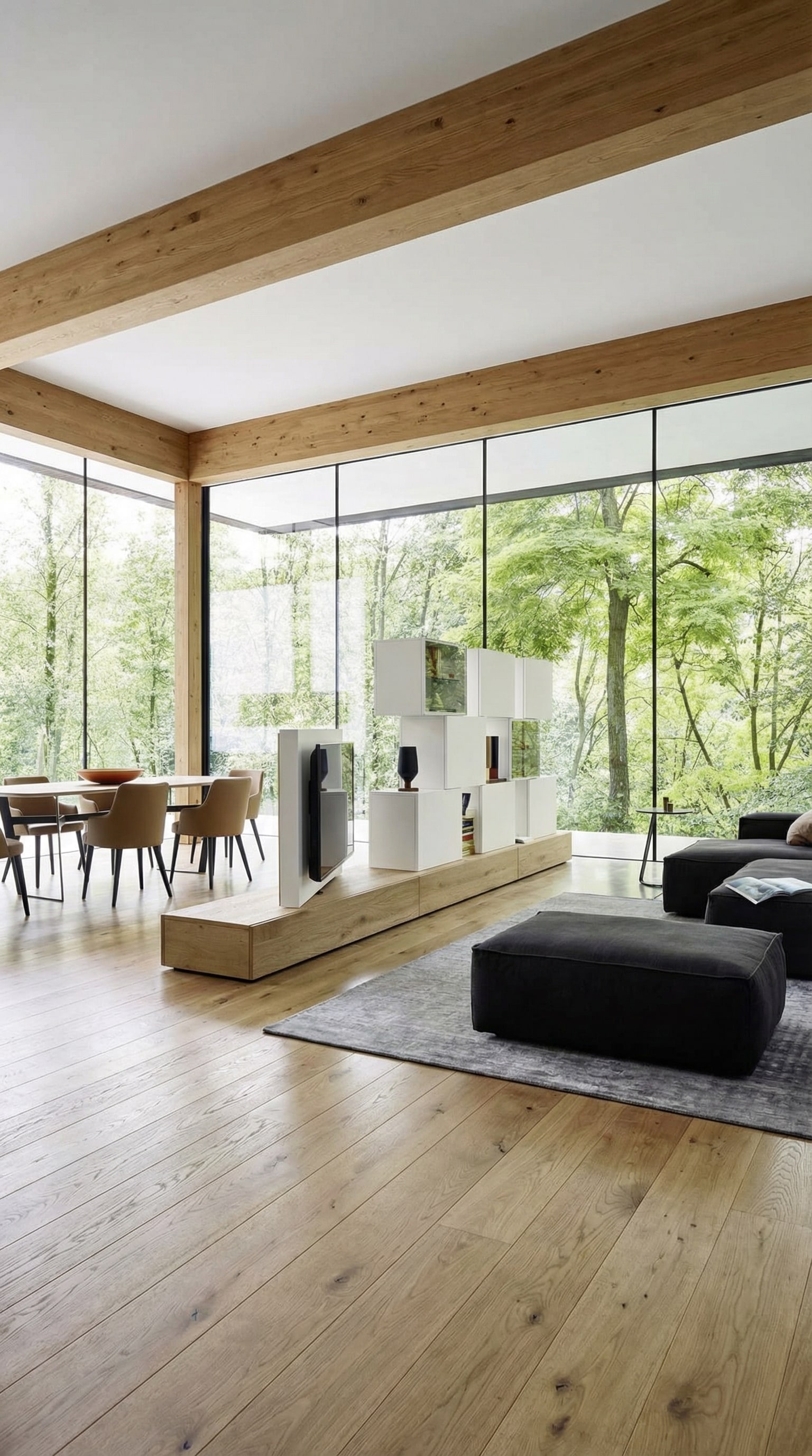 Freestanding modern wall unit as a room divider in an open living area Freestanding modern wall unit as a room divider in an open living area