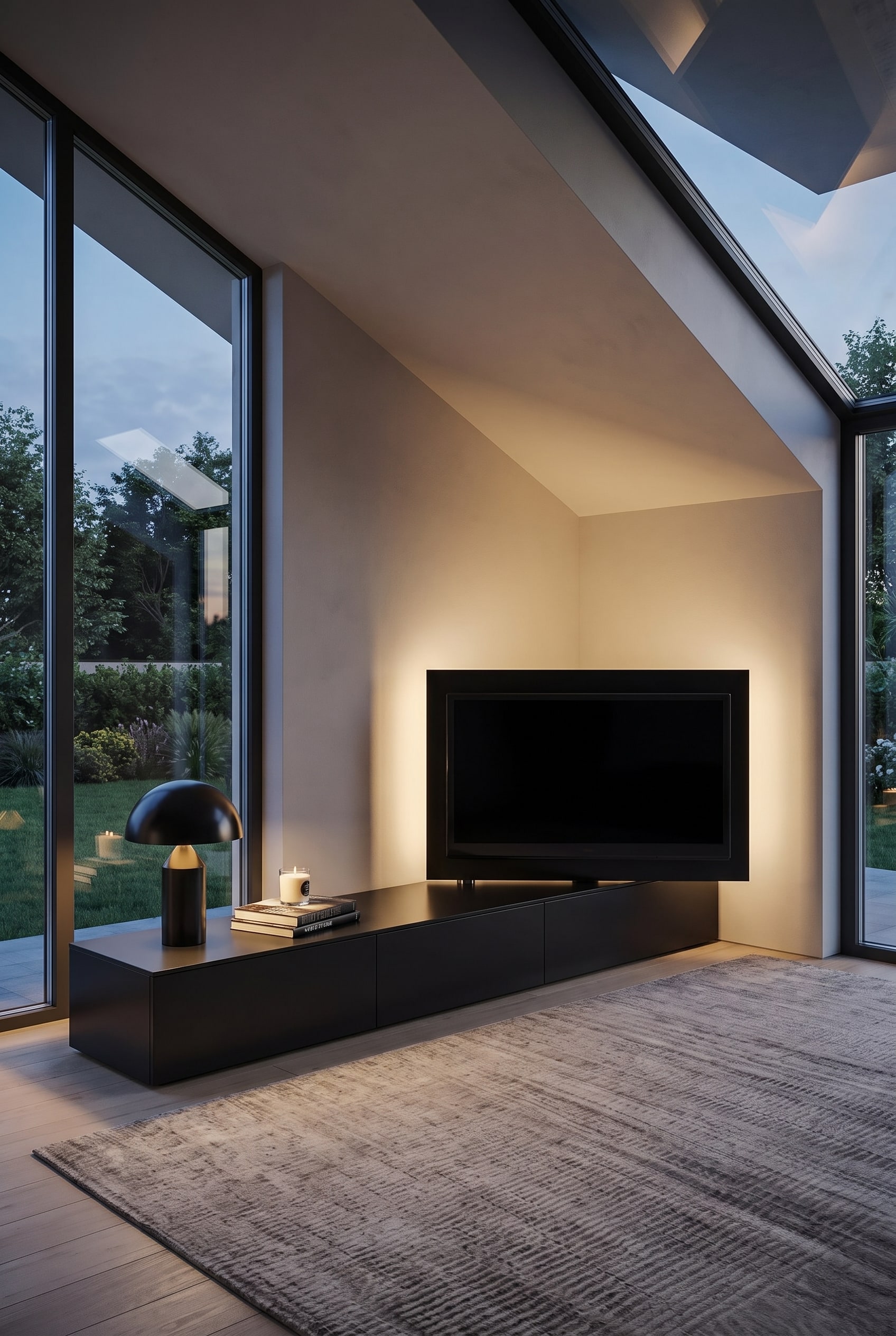 Zolderwoonkamer met een bodemvlak tv-lowboard in zwart en een uitgedraaid flatscreen