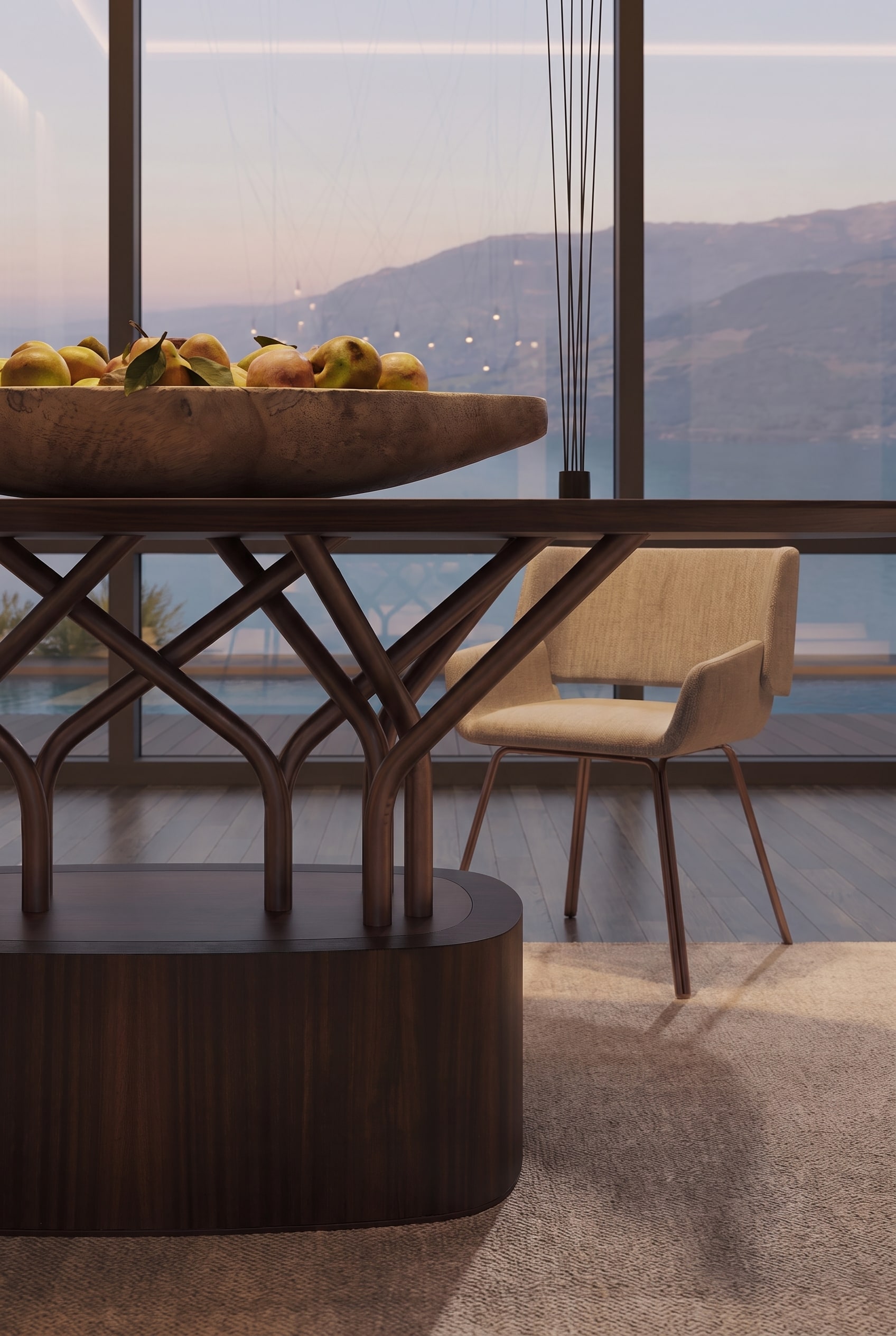 Vista dettagliata della base scultorea di un tavolo da pranzo moderno, che poggia su un massiccio plinto in legno.