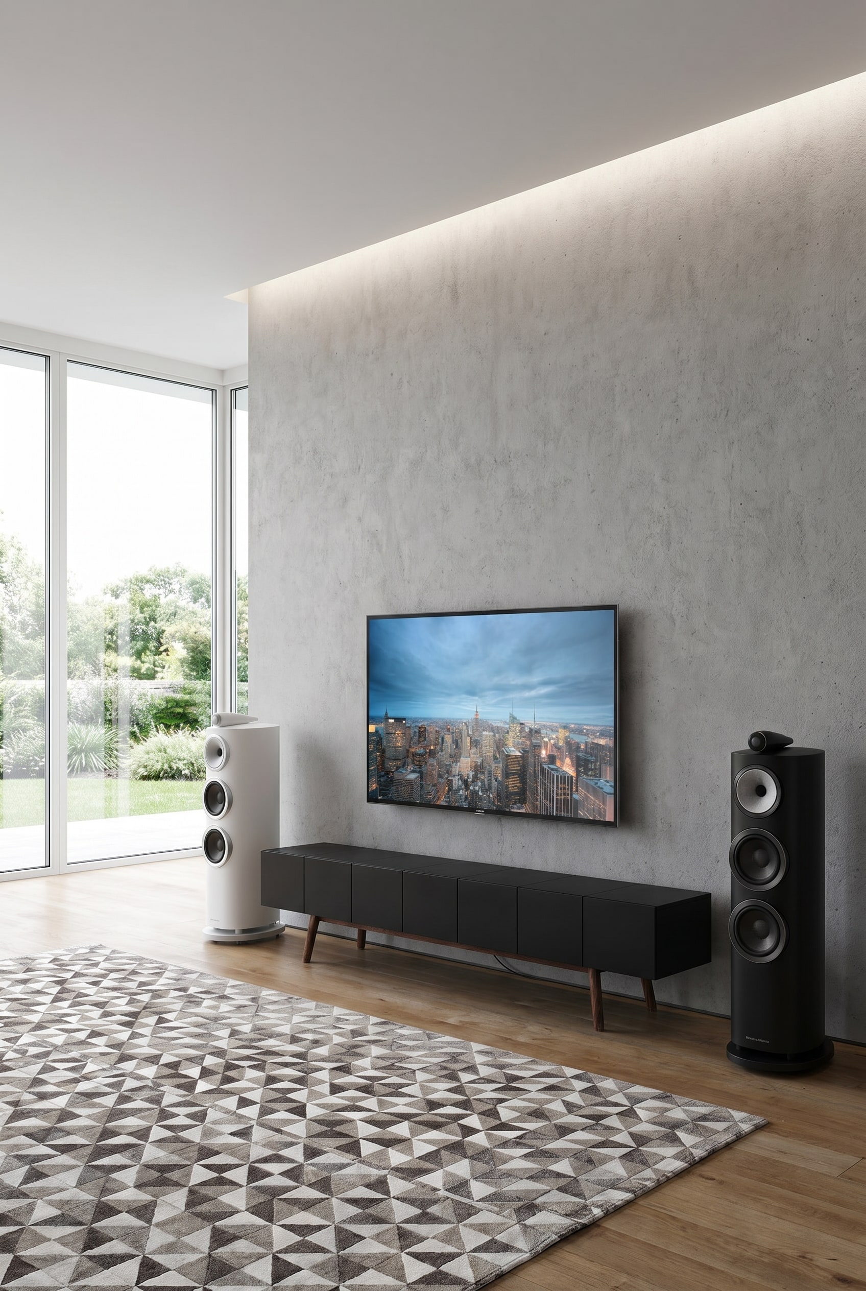 Minimalistische woonkamer met matzwart lowboard op houten poten en een vrijstaande luidspreker met wandafstand