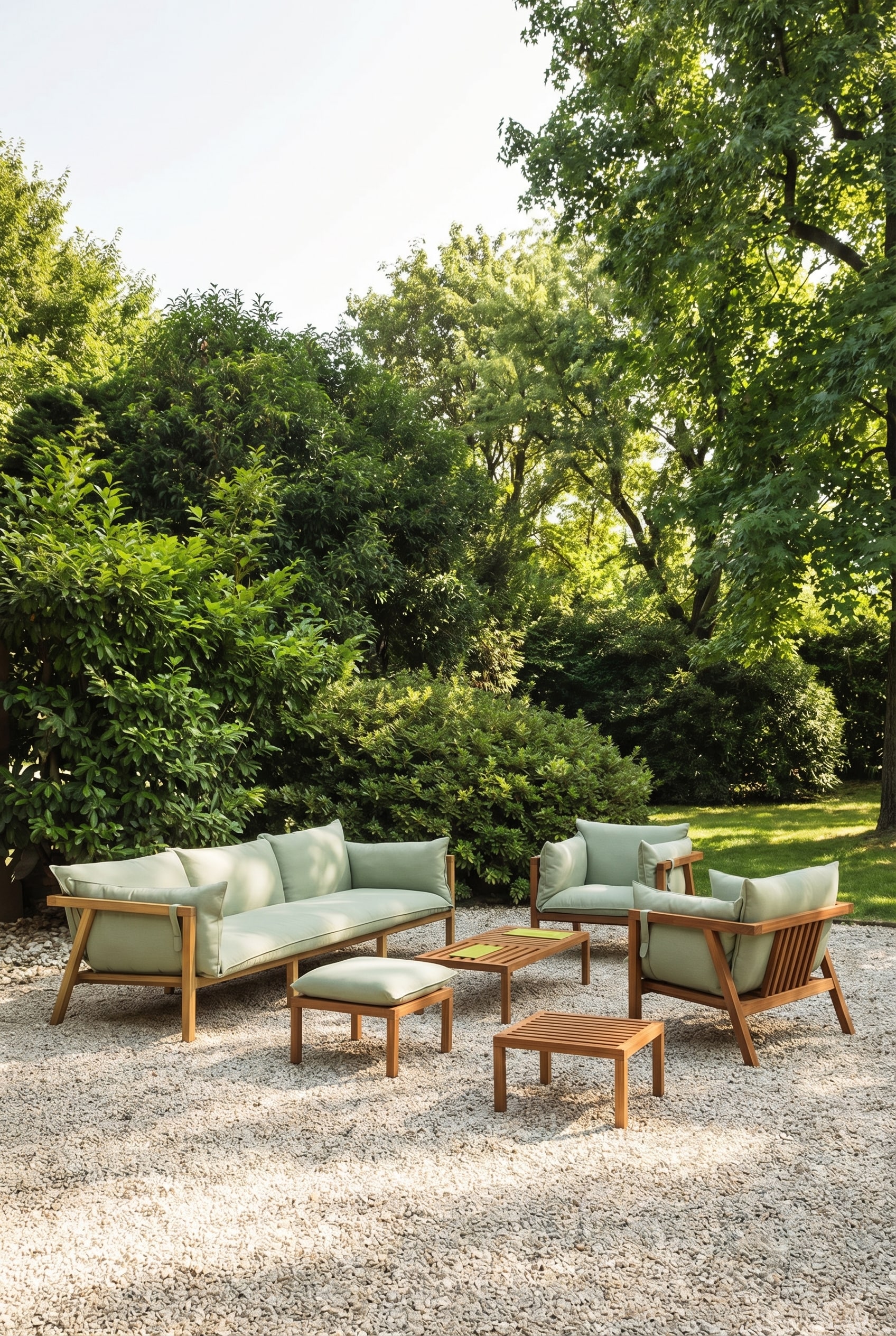 Modern Outdoor Lounge made of wood with thick, quick-drying cushions on a sunny patio Modern Outdoor Lounge made of wood with thick, quick-drying cushions on a sunny patio