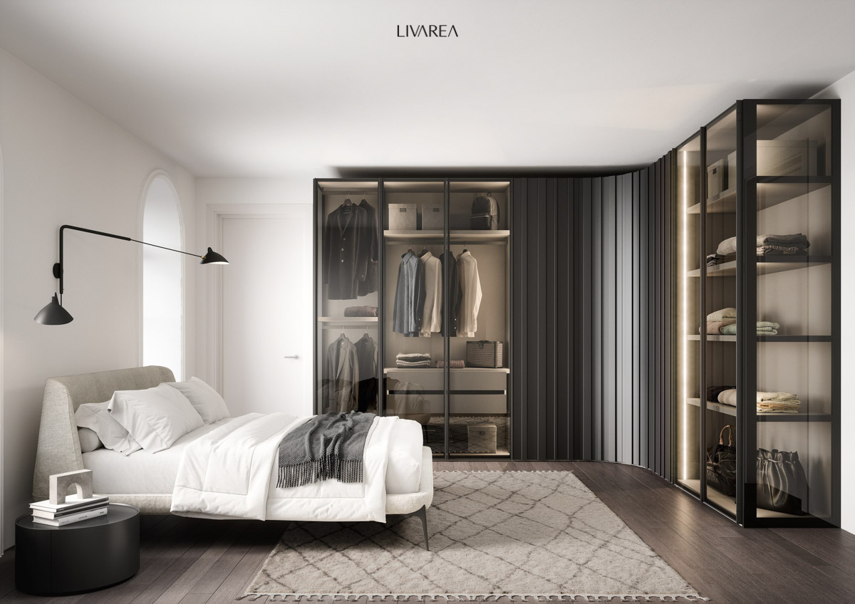 Luxury dressing room ideas as corner wardrobe with glass doors and lighting Luxury dressing room ideas as corner wardrobe with glass doors and lighting