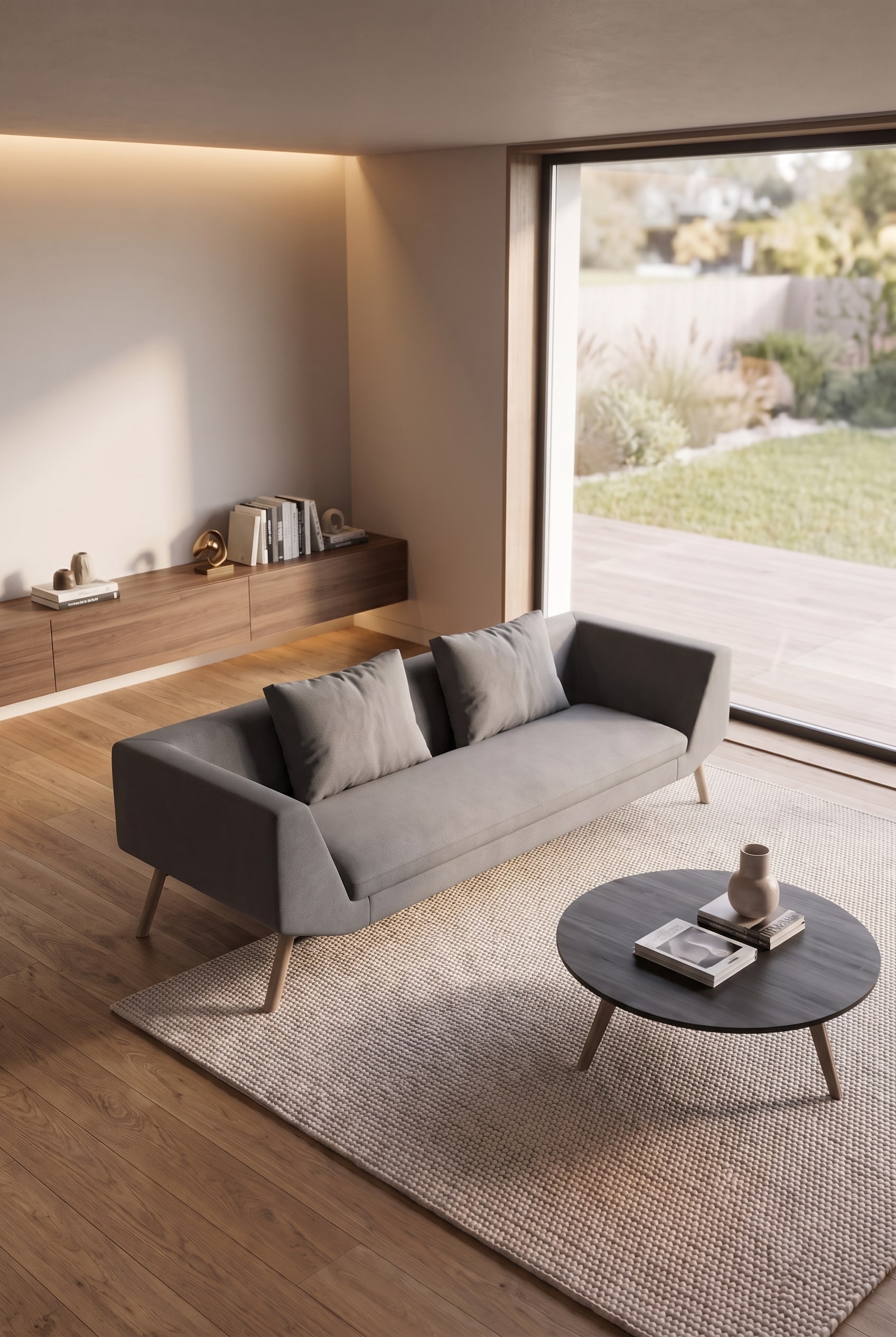 Uebersicht eines luftigen Wohnzimmers mit Sofa auf einem hellen Teppich und gegenueberliegendem Multimedia-Moebel auf Parkett. Uebersicht eines luftigen Wohnzimmers mit Sofa auf einem hellen Teppich und gegenueberliegendem Multimedia-Moebel auf Parkett.
