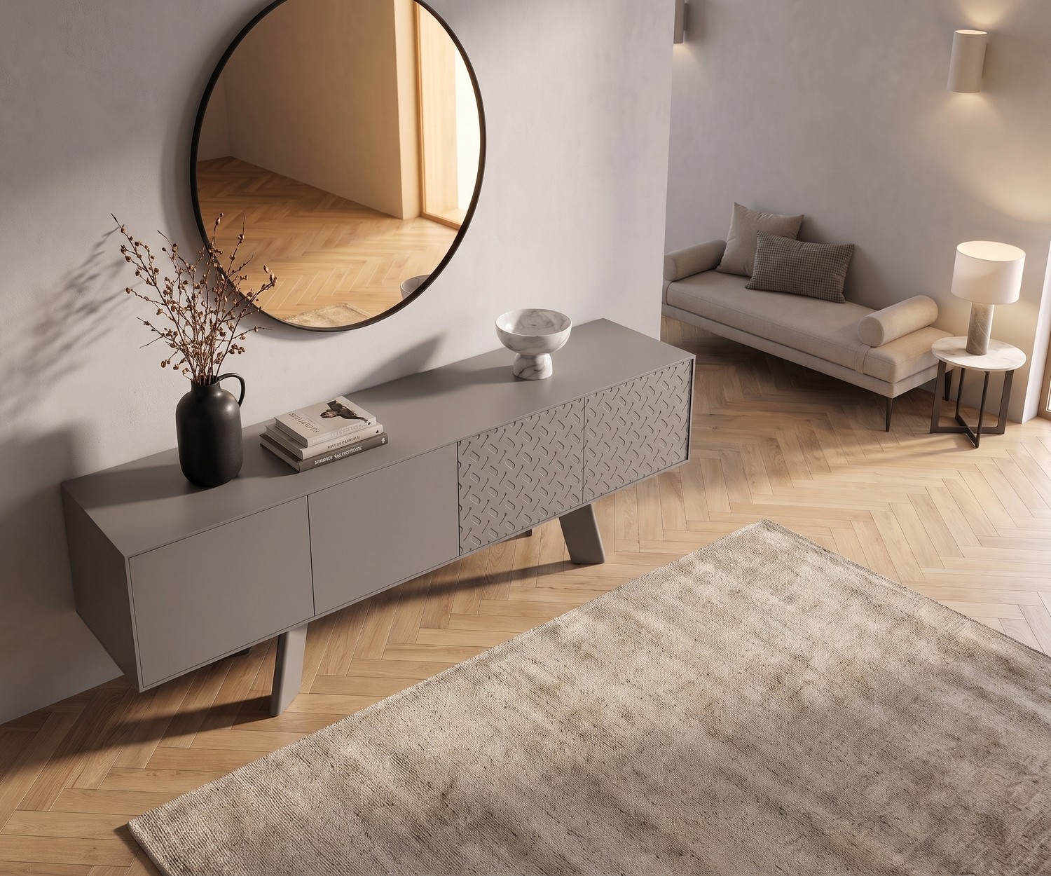 al2 Design Sideboard Alhambra 003 in Grau Design Sideboard Alhambra 003 für das Wohnzimmer, moderner grauer Schrank mit Mustertüren, Parkett und Spiegel.