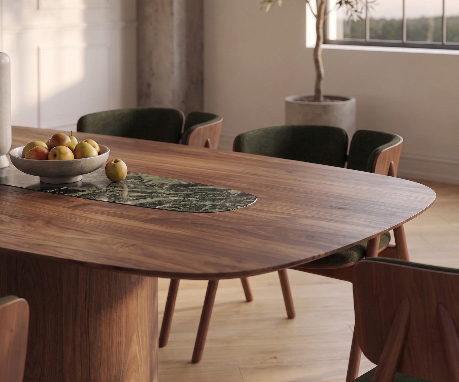Dining table al2 el-it c 001 with dark ceramic top and wooden base in a minimalist, bright dining room.