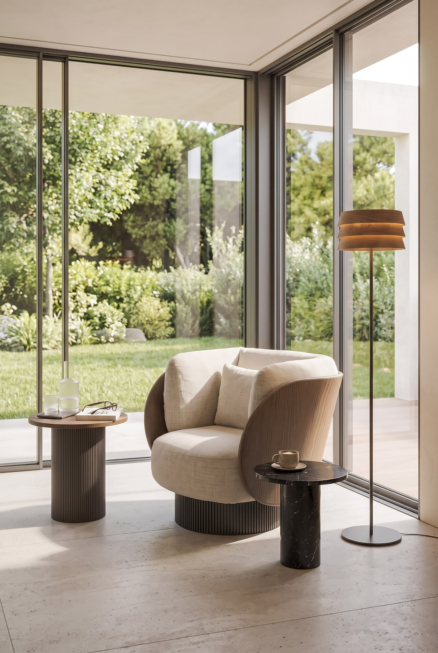 Lichte woonkamer met elegante draaifauteuil in stof en hout voor kamerhoge ramen
