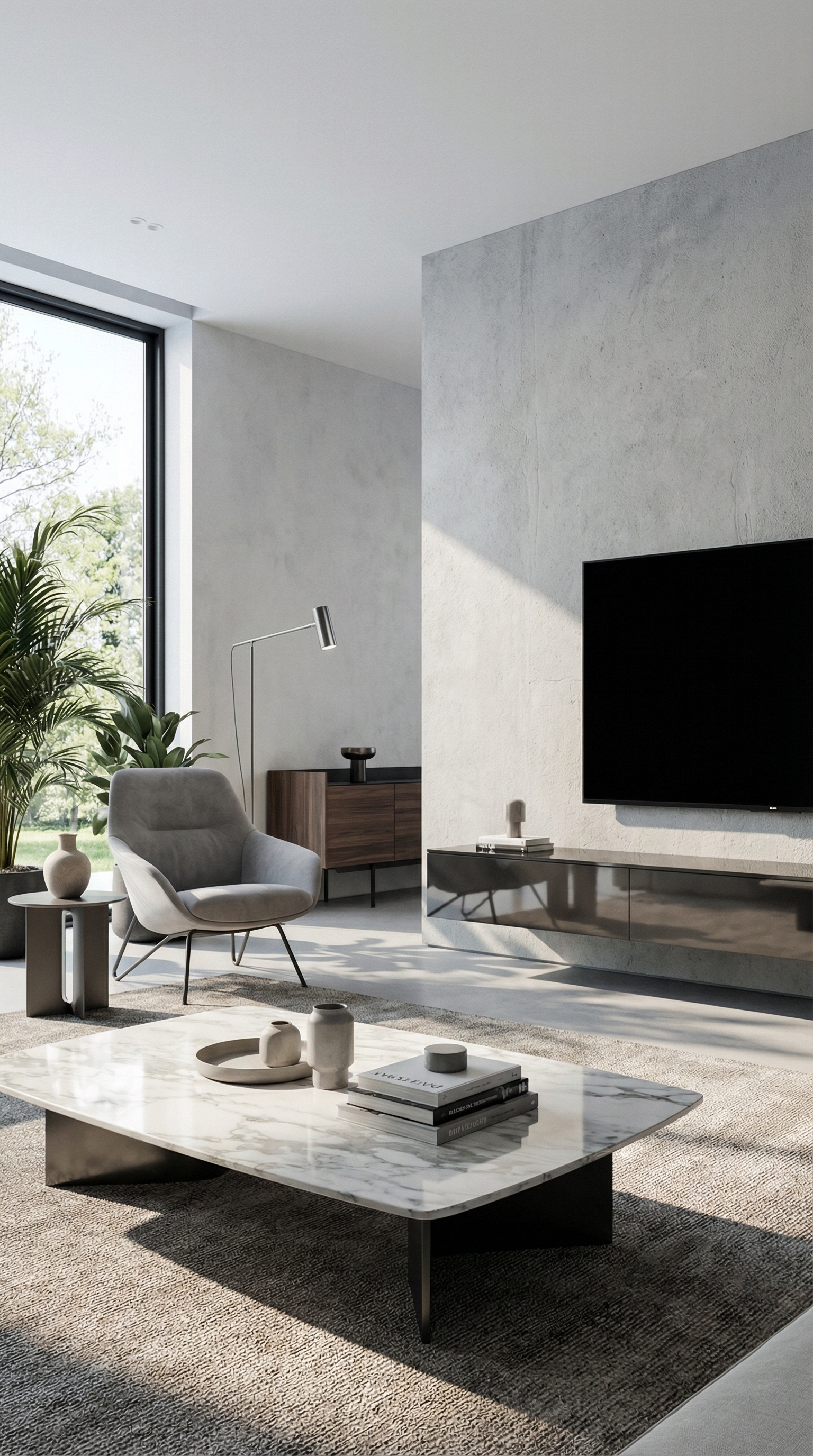 Schwarzes Hochglanz Lowboard hängend in minimalistischem Wohnzimmer mit heller Betonwand Schwarzes Hochglanz Lowboard hängend in minimalistischem Wohnzimmer mit heller Betonwand