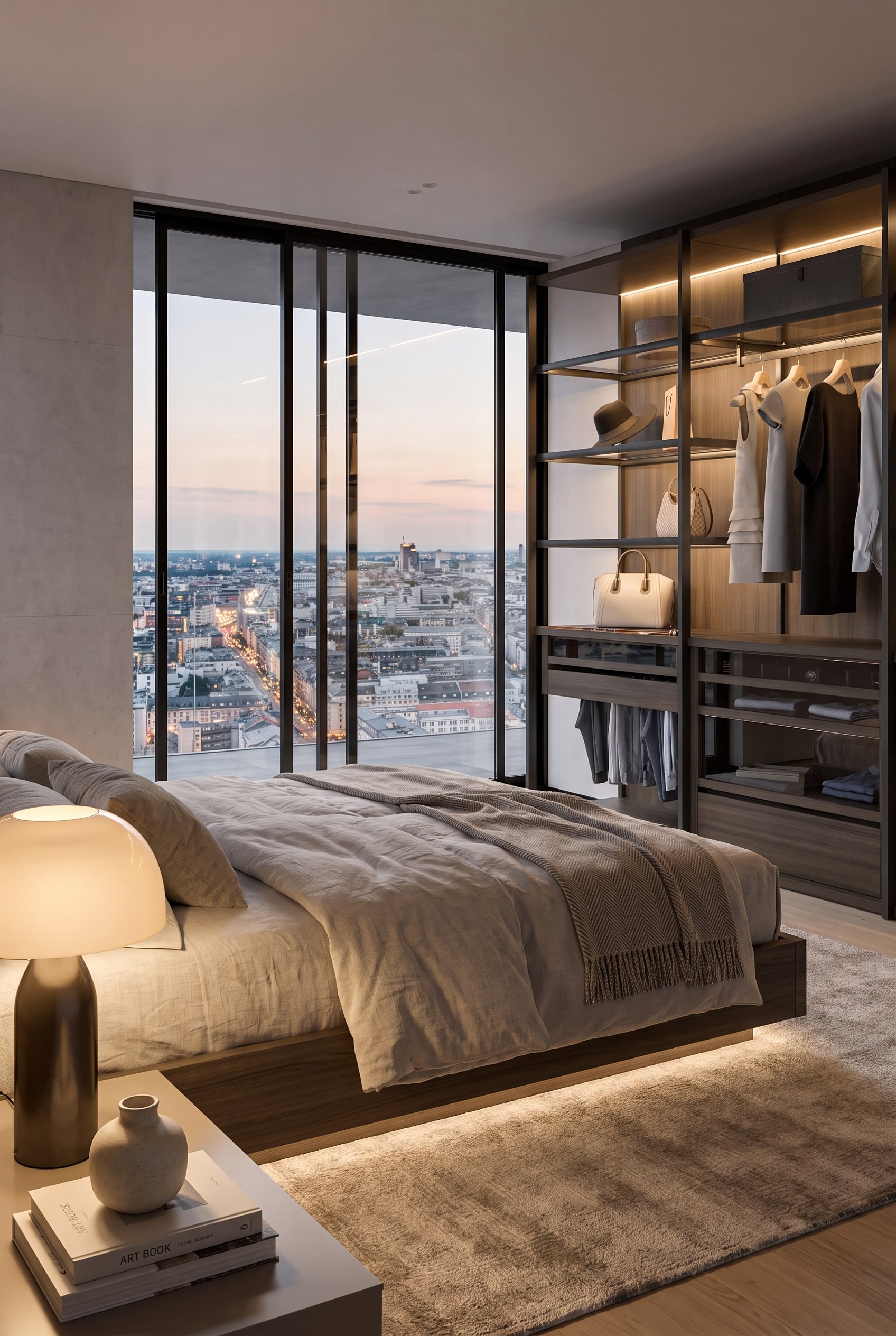 Vista su un letto moderno e su un sistema di cabina armadio laterale con illuminazione serale e panorama cittadino sullo sfondo.