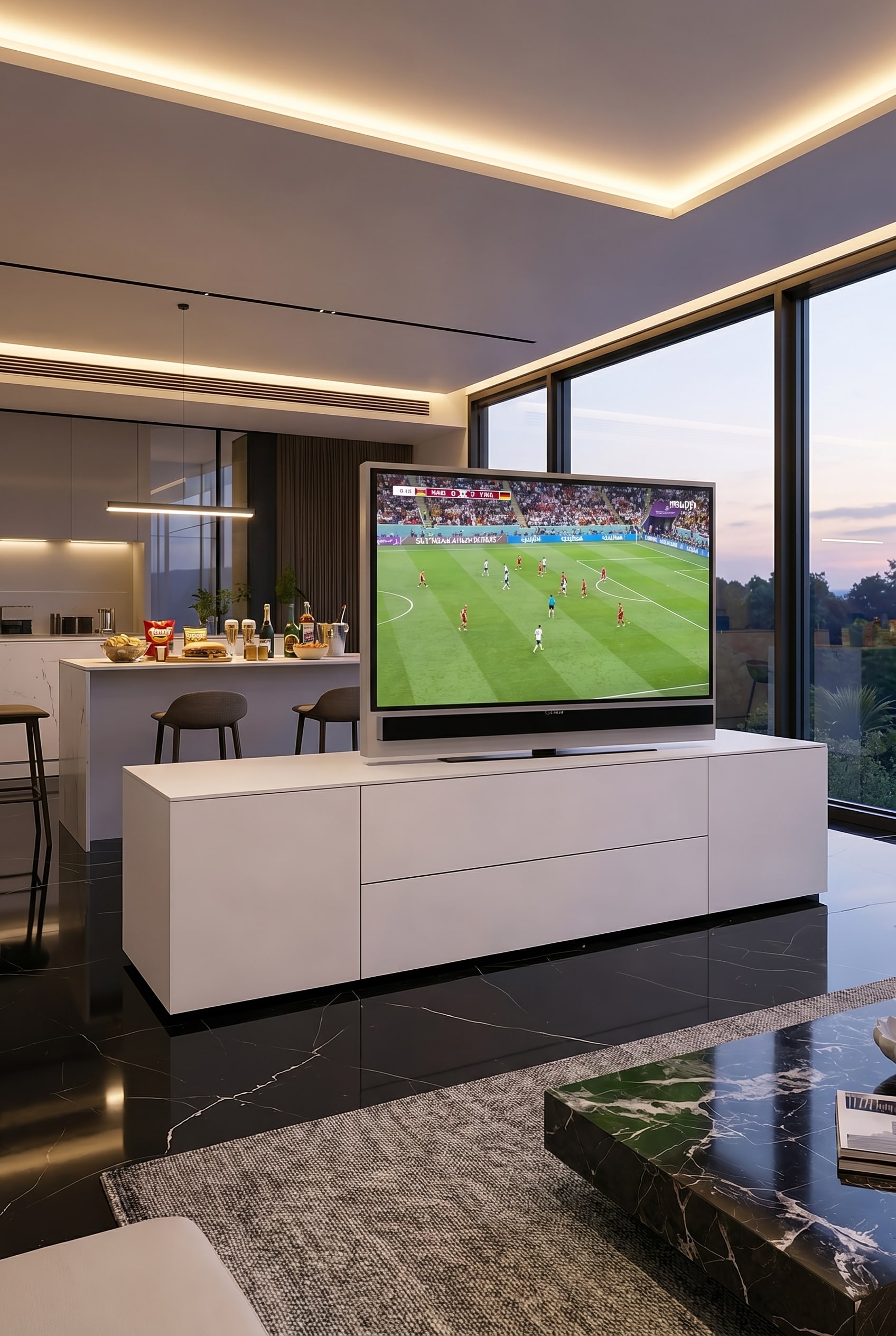 Divisorio autoportante con pannello TV orientabile, su cui è montato un televisore, sullo sfondo una cucina a vista con sgabelli da bar