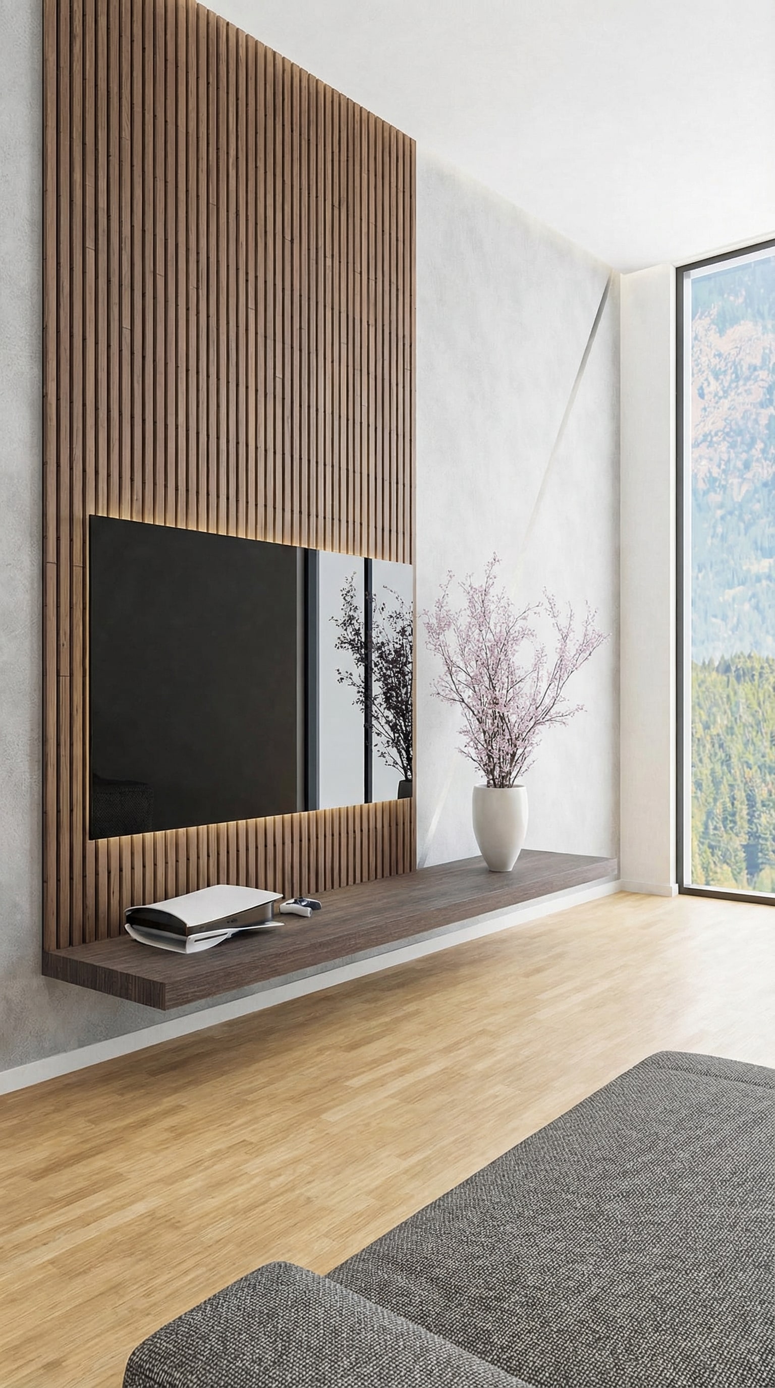 Minimalist wallboard under a TV without visible cables Minimalist wallboard under a TV without visible cables