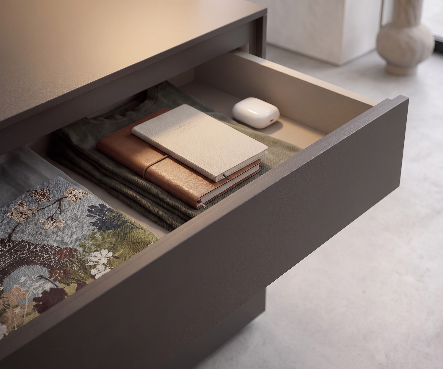 Novamobili Kommode Easy mit griffloser Schublade Novamobili Kommode Easy mit geöffneter Schublade für Kleidung und Accessoires, moderner minimalistischer Stil in Taupe.