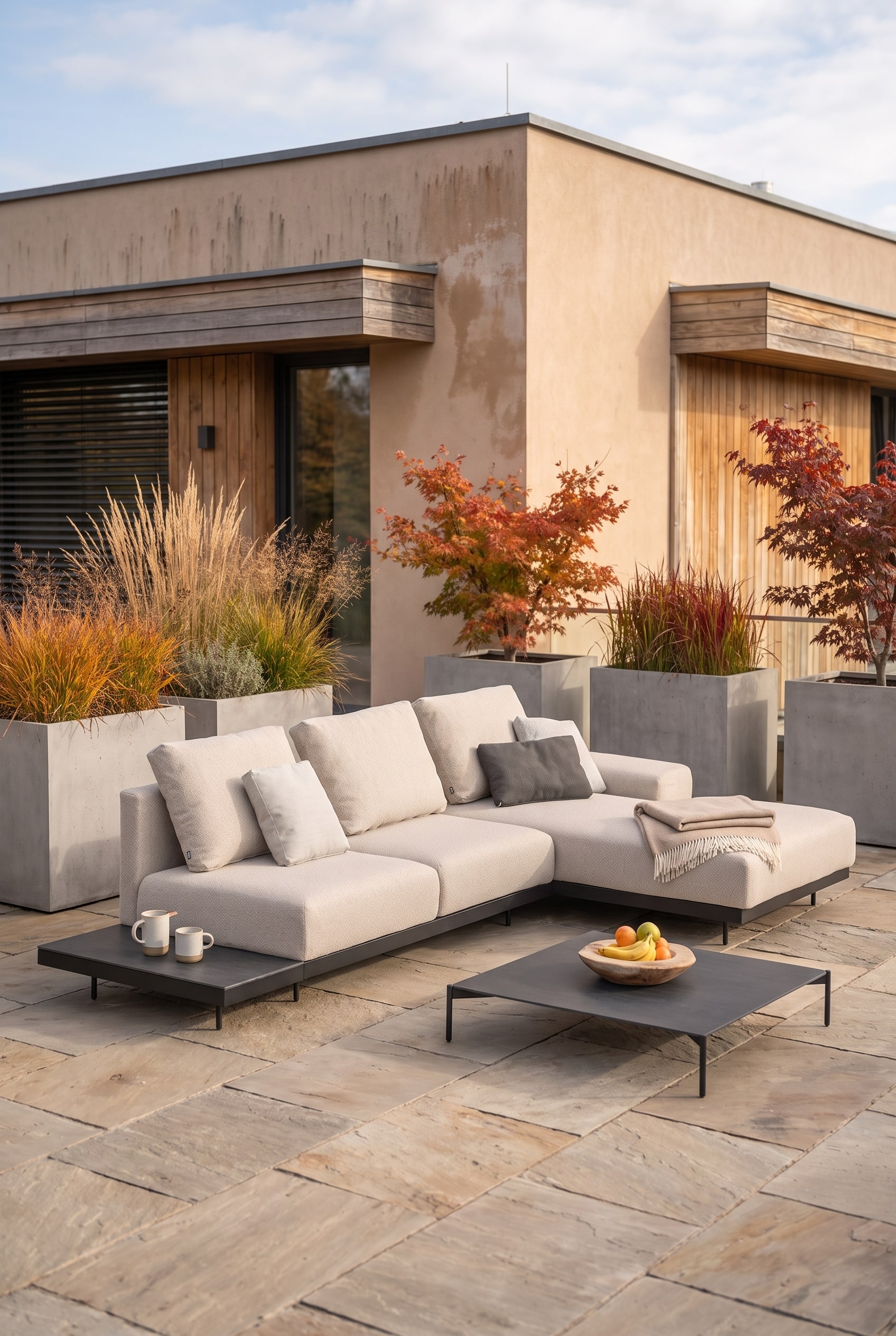 Terrasse sur le toit avec un canap&eacute; modulaire d'ext&eacute;rieur couleur sable sur un sol en pierre naturelle devant un mur de maison sugg&eacute;r&eacute;