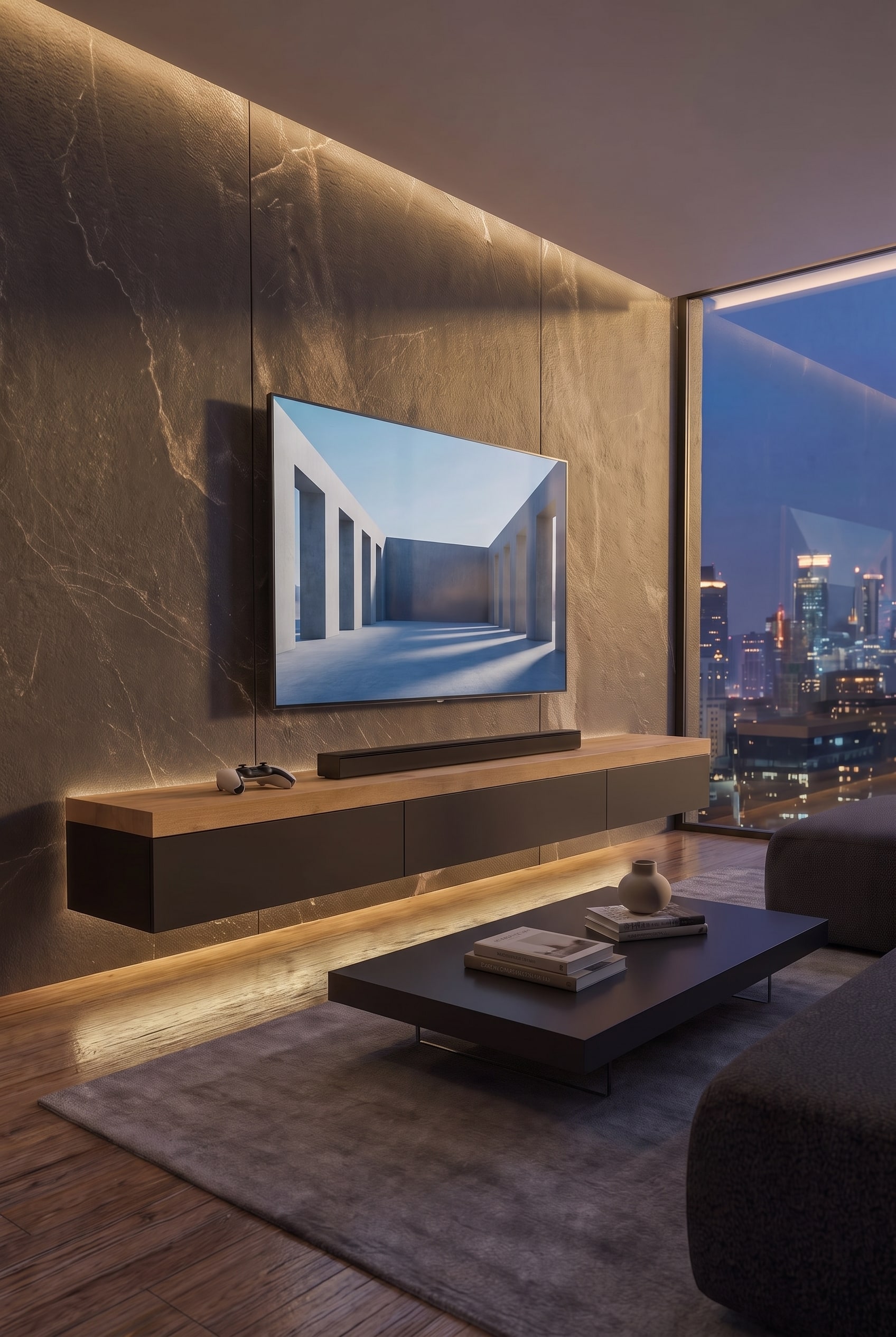 A floating, matte black lowboard under a 65-inch TV on the wall, with a shadow gap on the back for subtle ventilation.