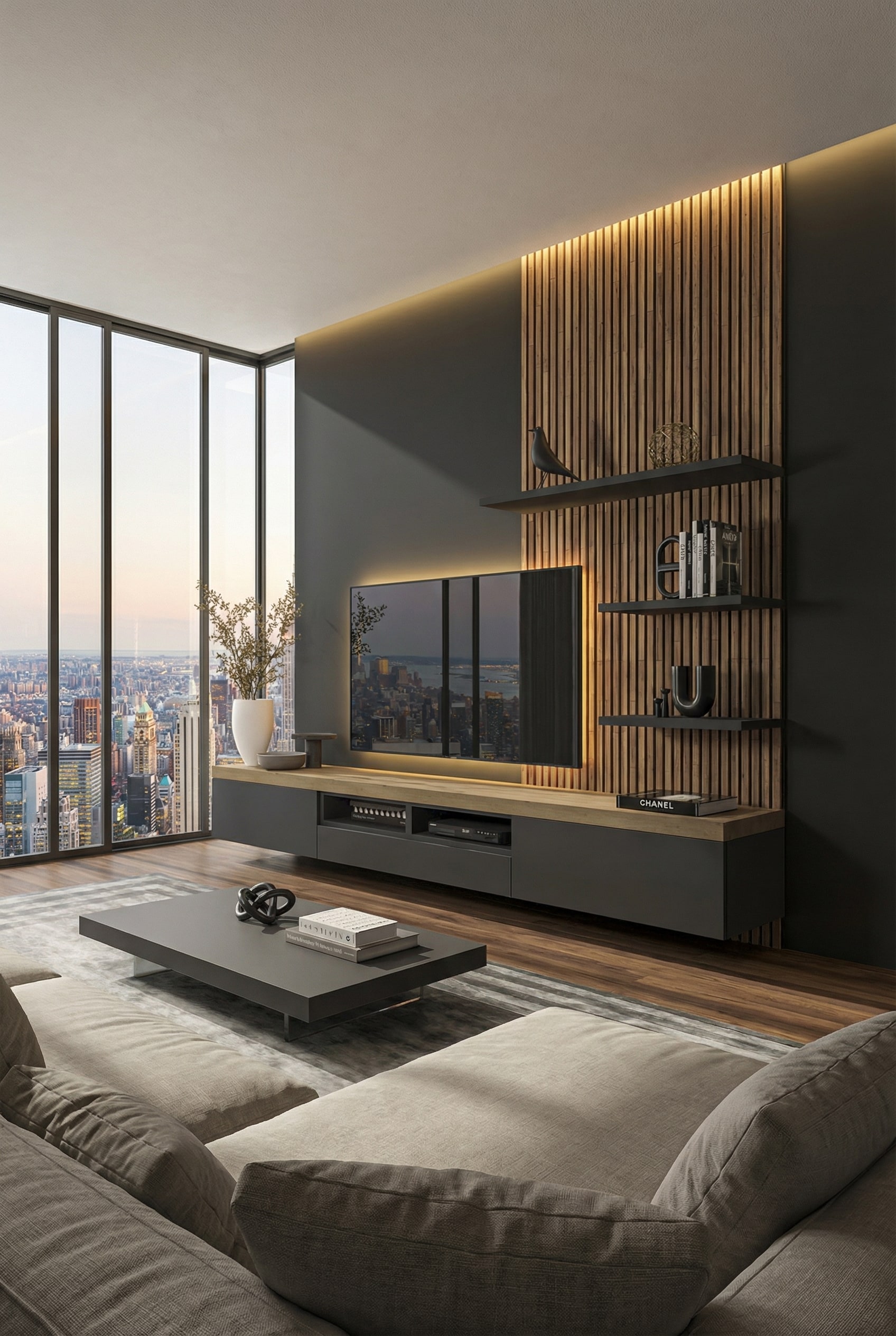 Dark, elegant lowboard with indirect lighting