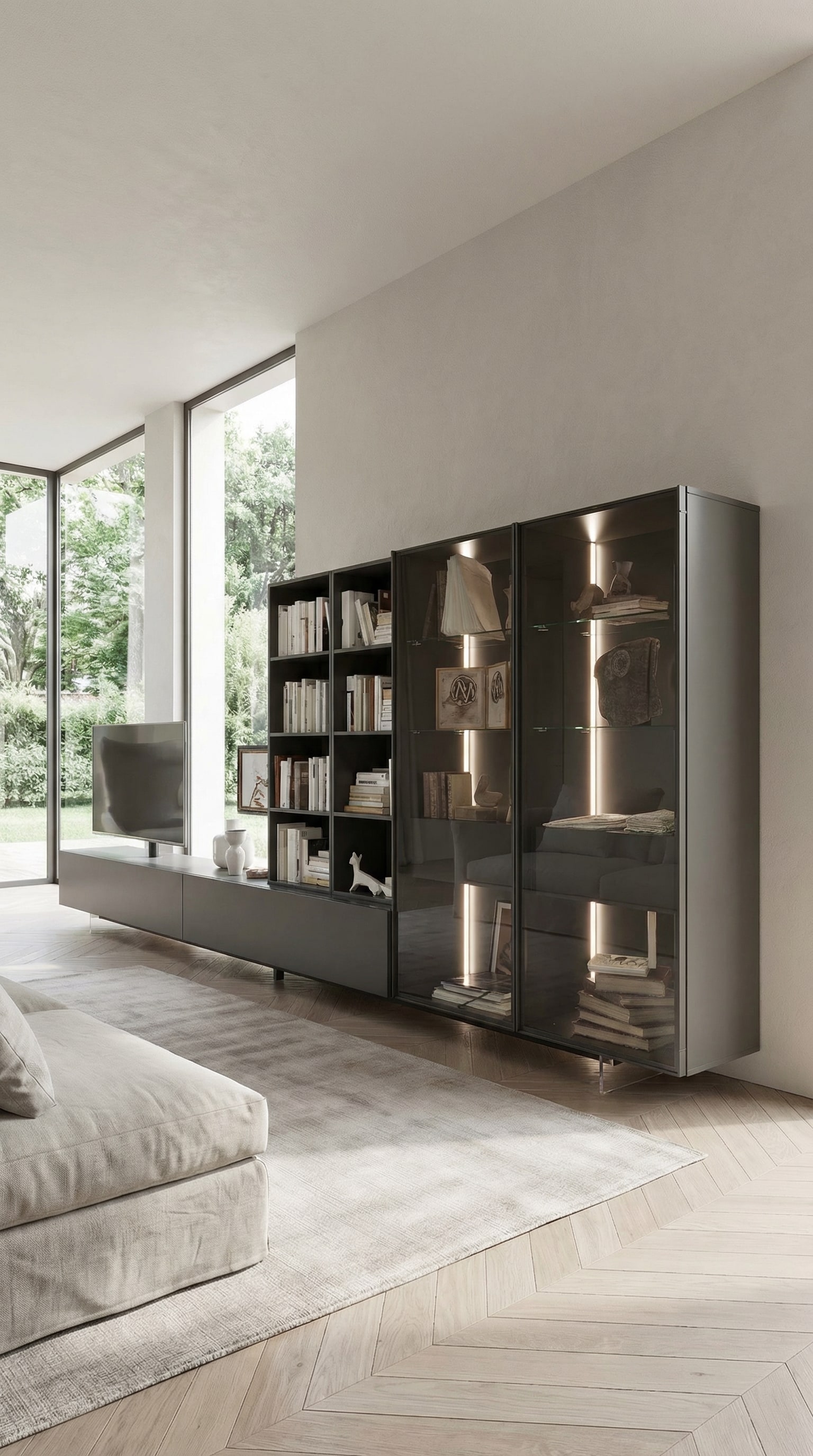 Meuble TV Livitalia C43 avec un g&eacute;n&eacute;reux &eacute;l&eacute;ment de vitrine en verre fum&eacute; et &eacute;clairage int&eacute;rieur int&eacute;gr&eacute;