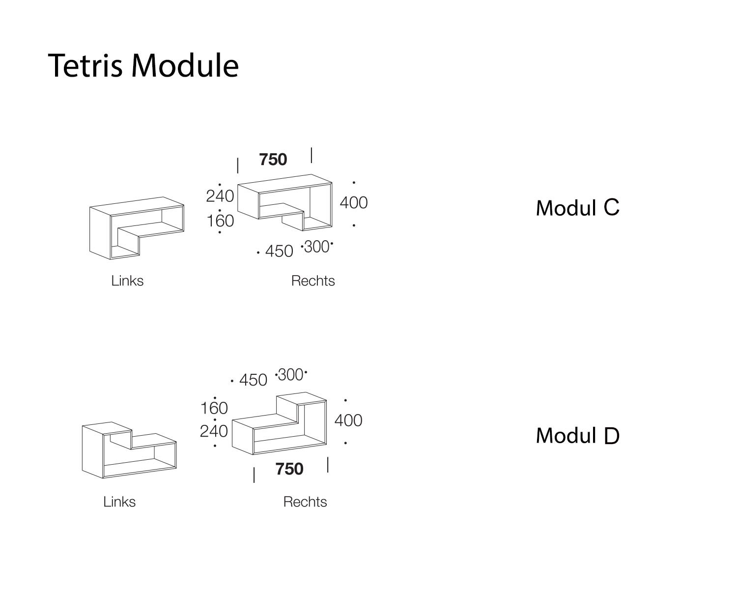 Tetris Design Wandregale C und D Skizze Maße
