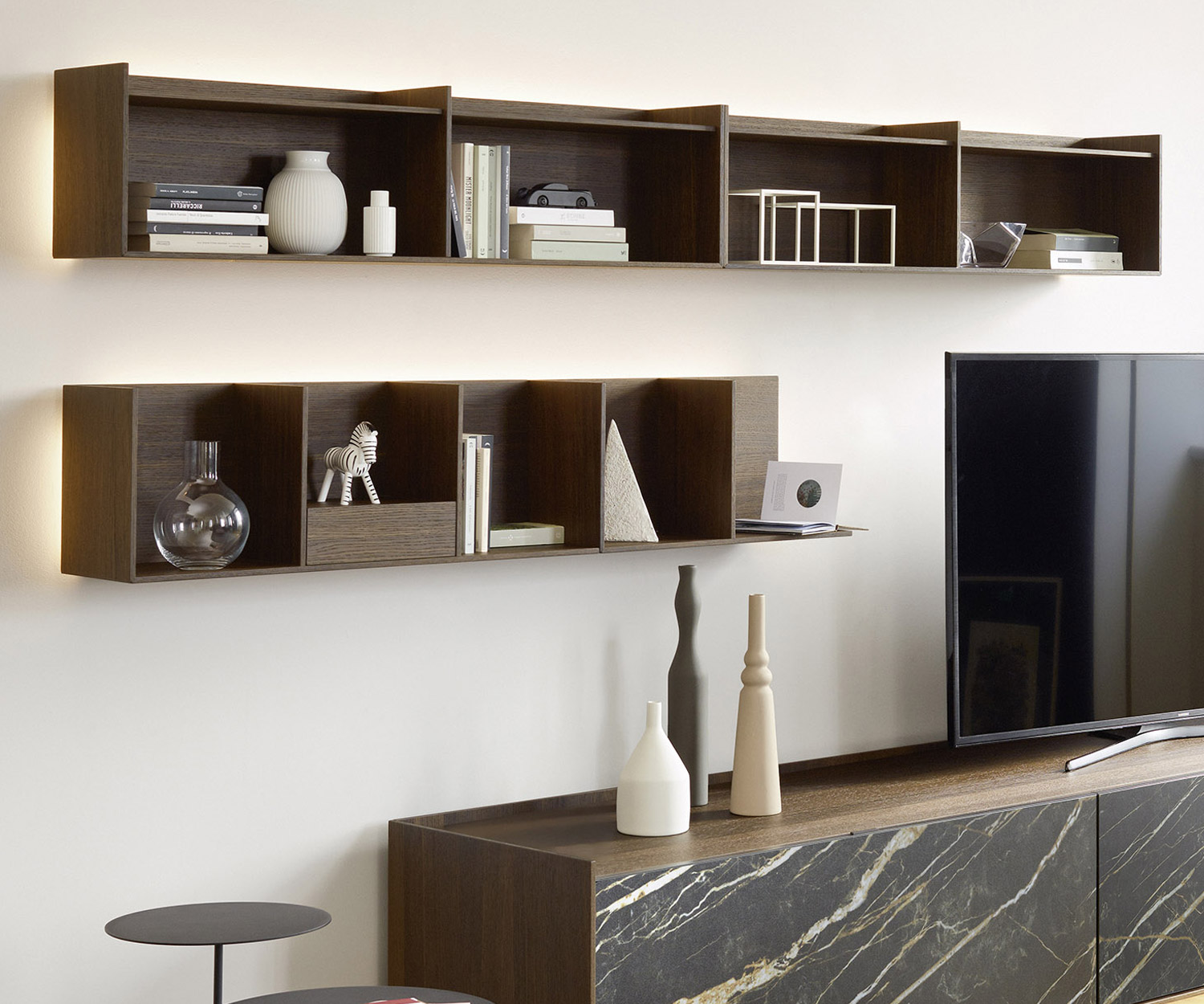 Exclusive Livitalia design wooden wall shelf above floor-standing design lowboard in the living room