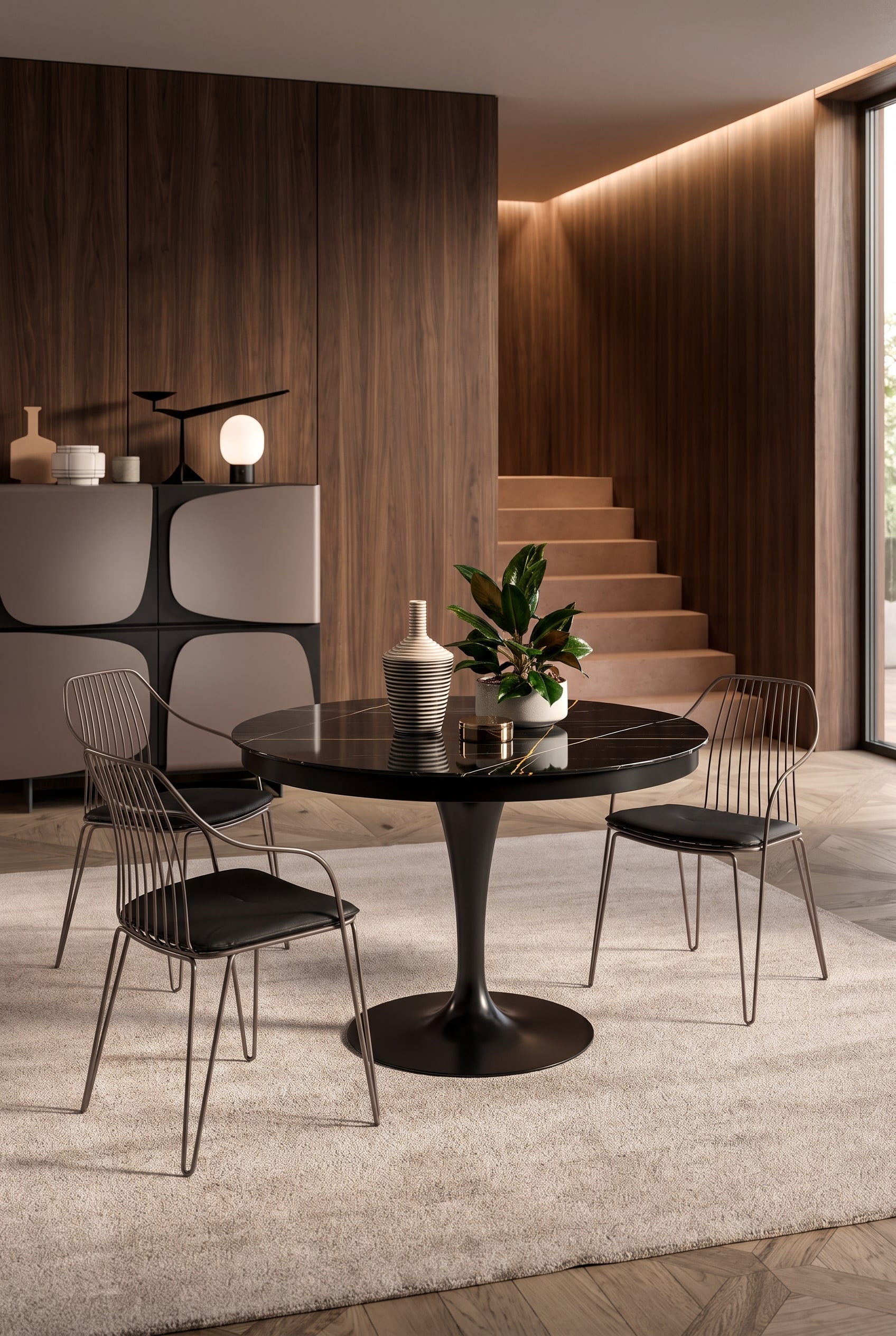 Gezellige eetkamer met een ronde eettafel in zwarte marmerlook, centrale tulpvoet en fijne metalen stoelen