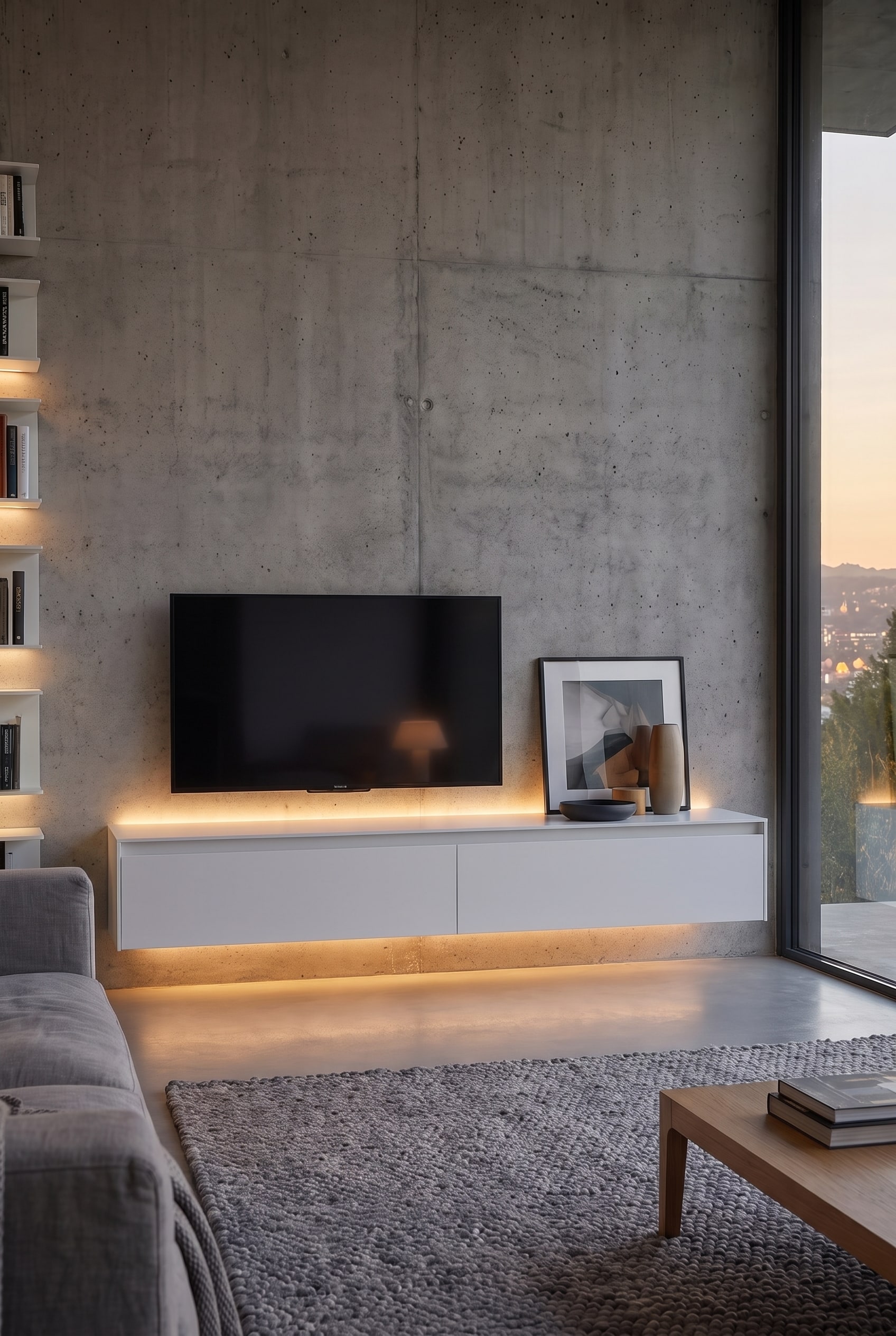 Frontale detailfoto van het witte tv-meubel met draadloos gemonteerde televisie en leunende fotolijst.
