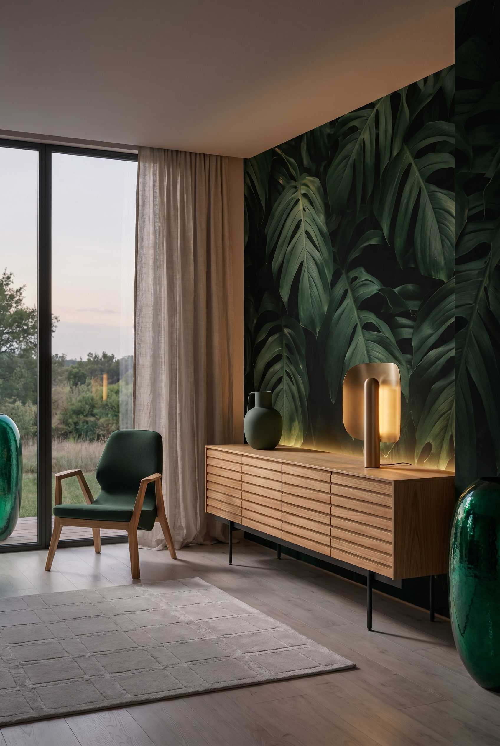Soggiorno lussuoso nella penombra con credenza in legno scanalato, un vaso in ceramica verde scuro opaco e illuminazione calda indiretta