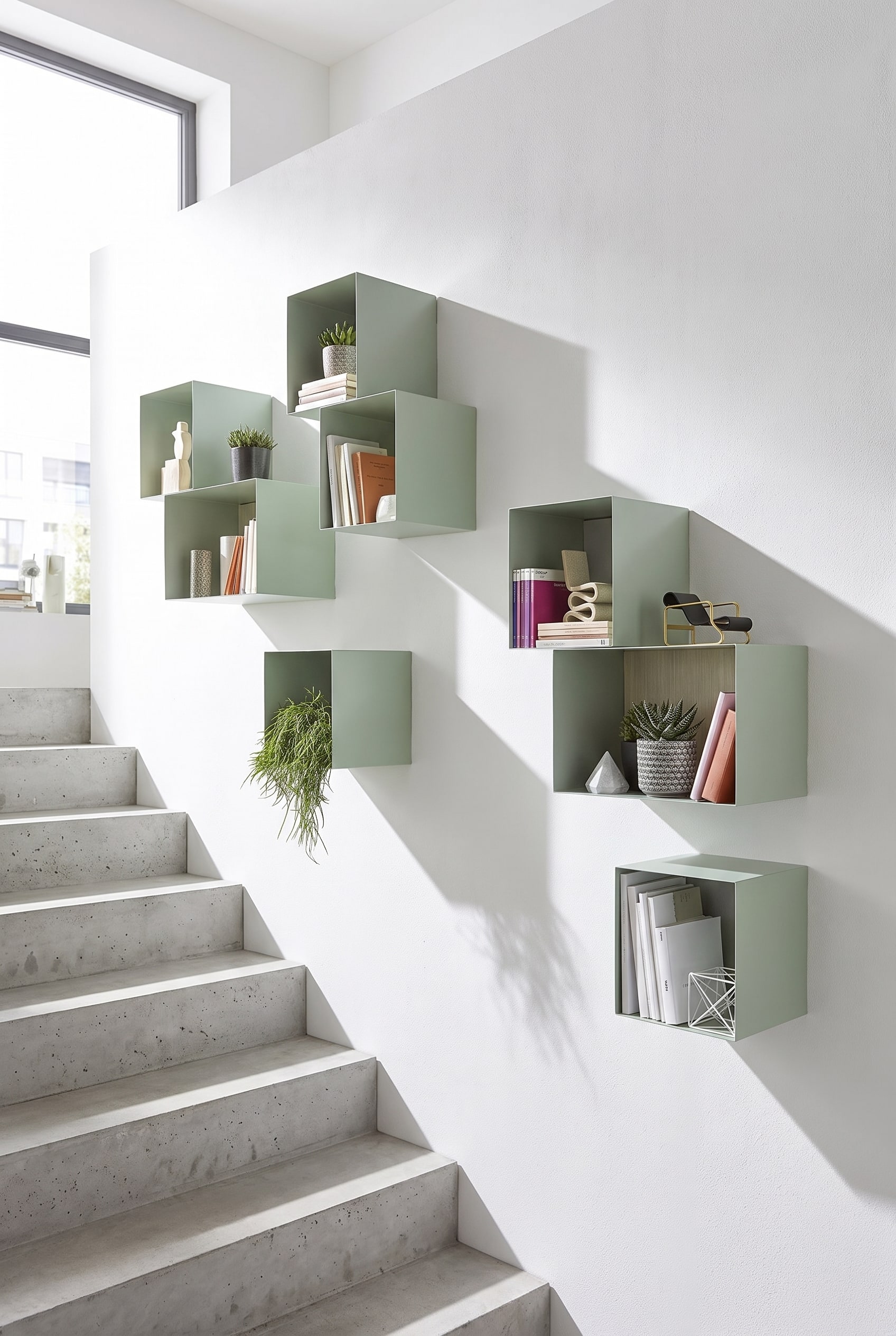 Verschoven metalen wandboxen aan een grote muur boven de trapopgang, gedecoreerd met kleine boeken