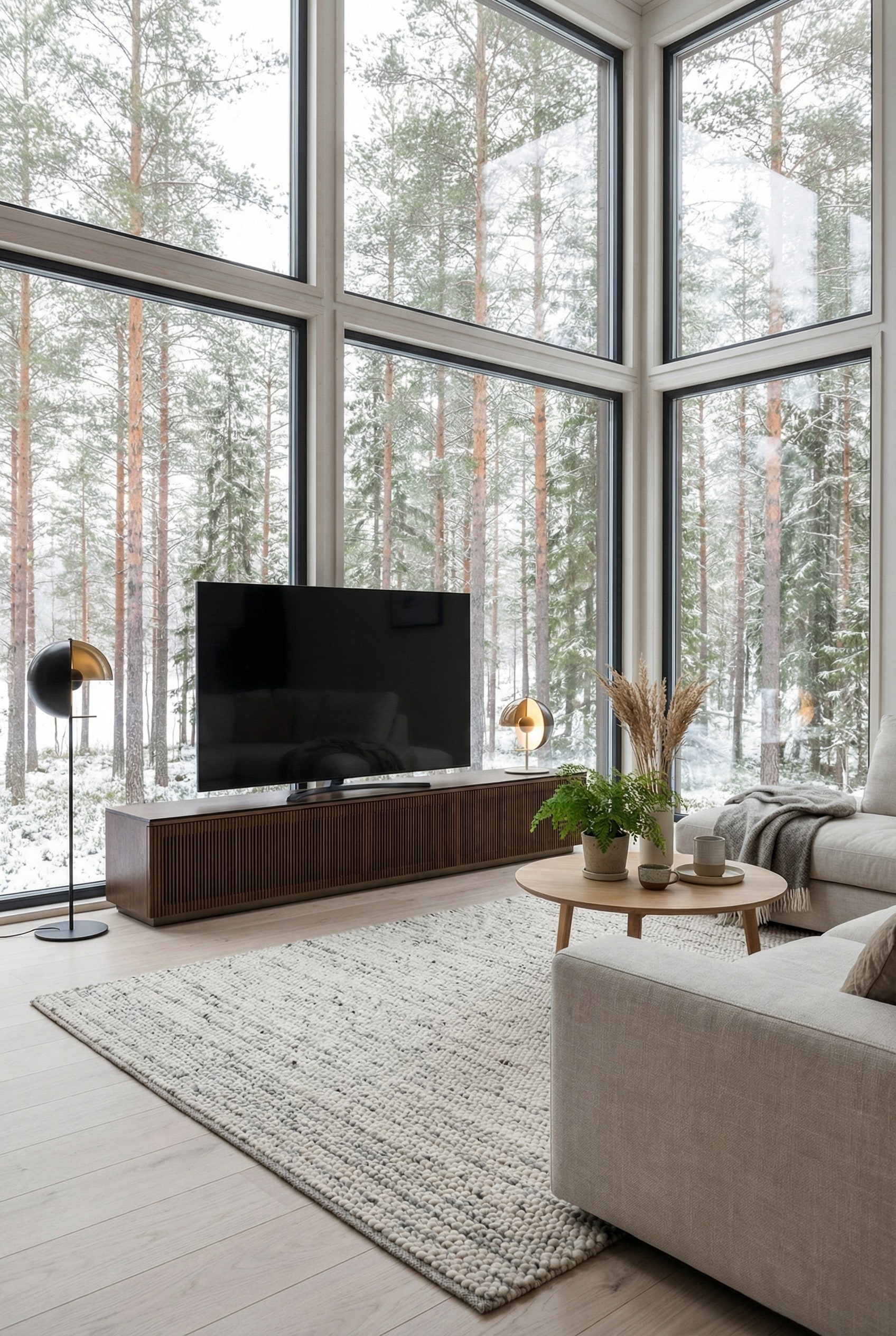 Lowboard TV scandinave en bois clair avec portes coulissantes &agrave; lamelles