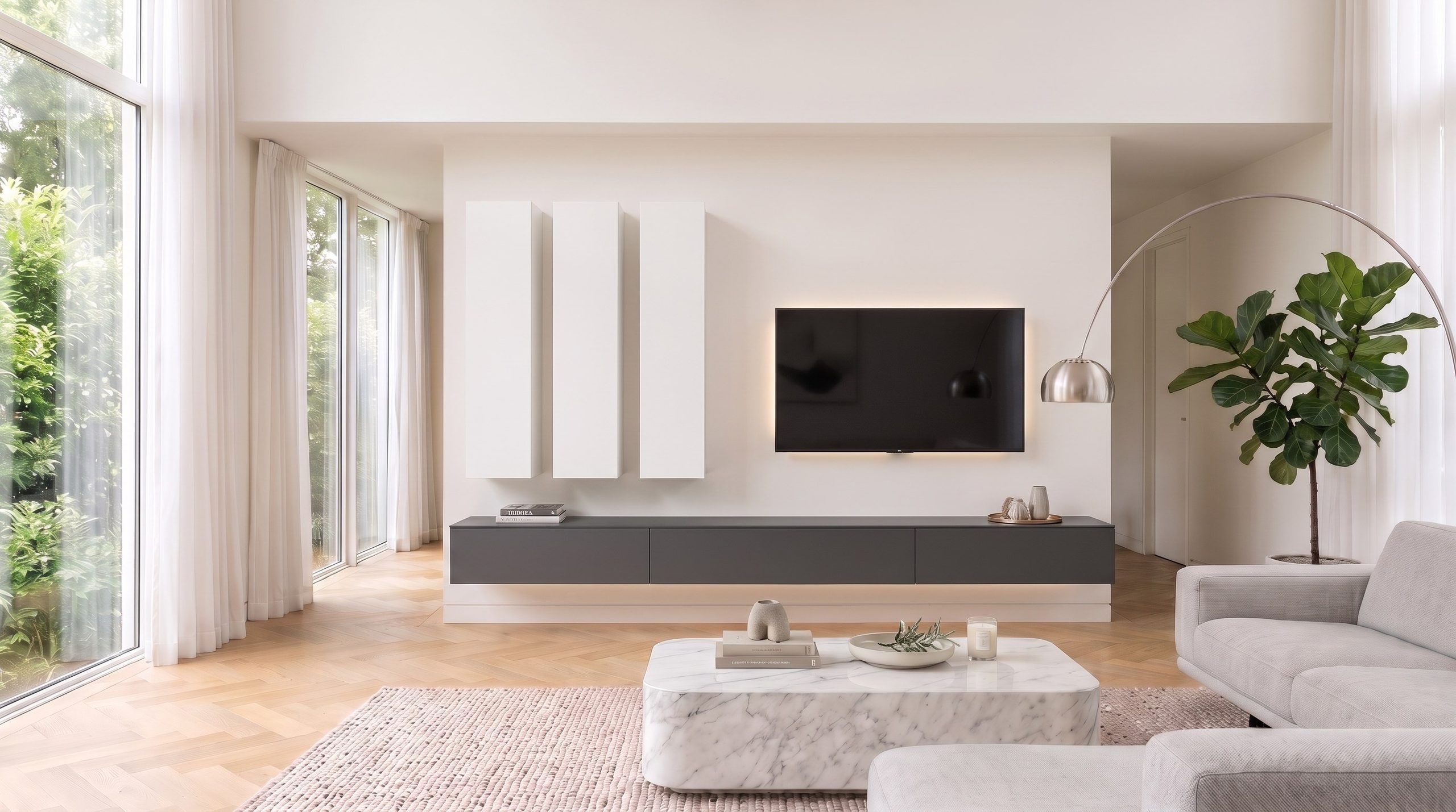 Livitalia Wohnwand C105 mit wandh&auml;ngendem Lowboard in Anthrazit und drei hohen, schmalen hellen H&auml;ngeschr&auml;nken neben dem Fernseher