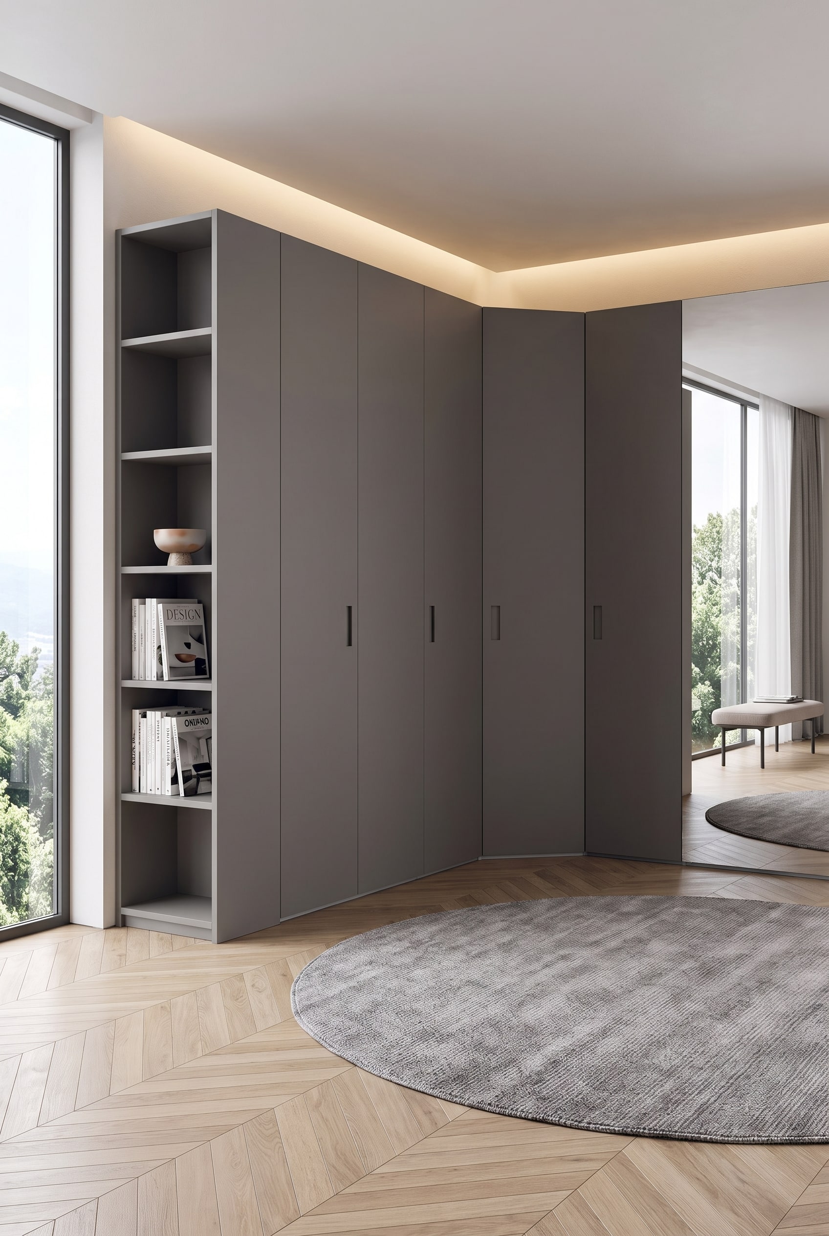 Cabina armadio moderna con armadio angolare a L in grigio opaco, ripiano aperto integrato e un tappeto rotondo