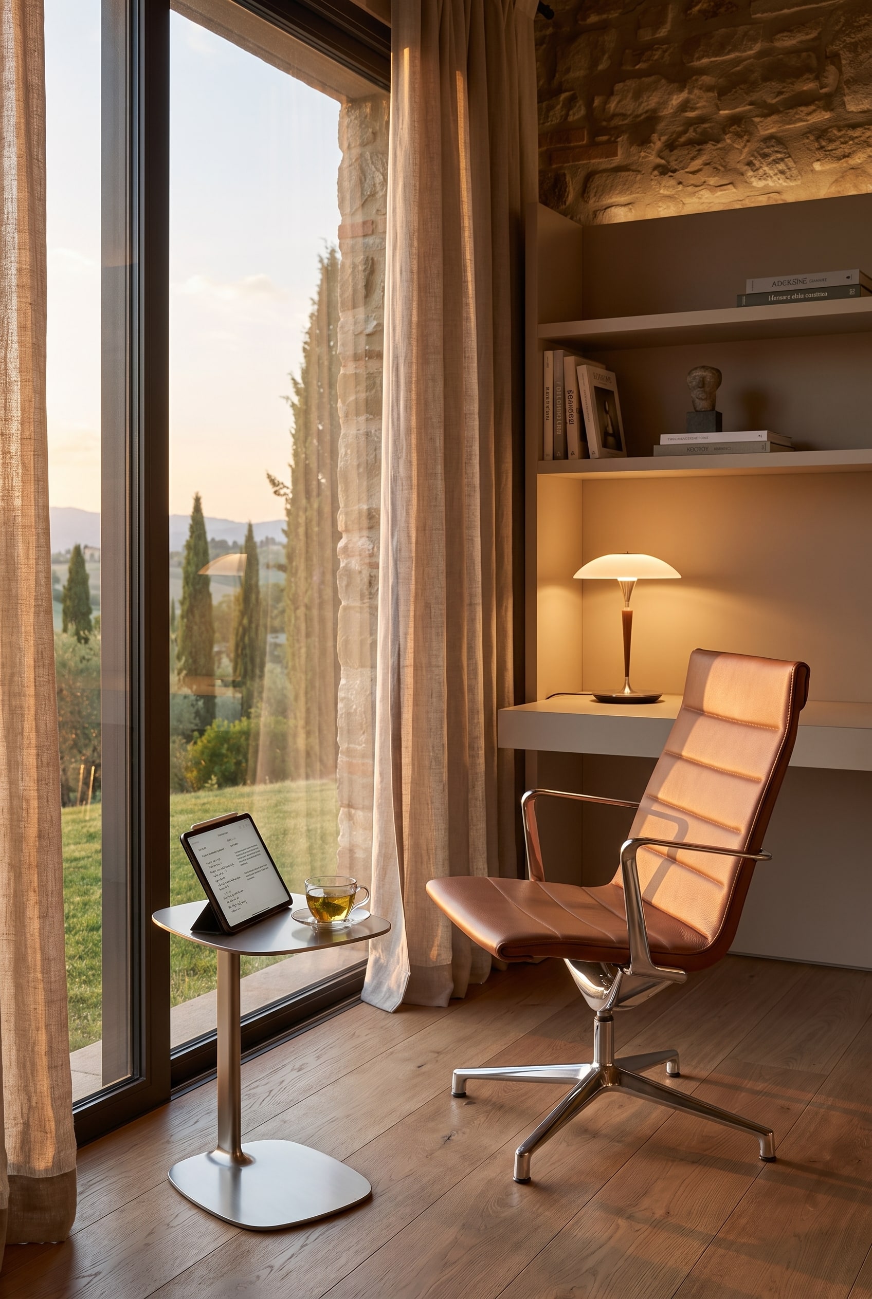 Poltrona da ufficio lounge in pelle marrone con base in alluminio cromato, ideale per una postura di lavoro rilassata