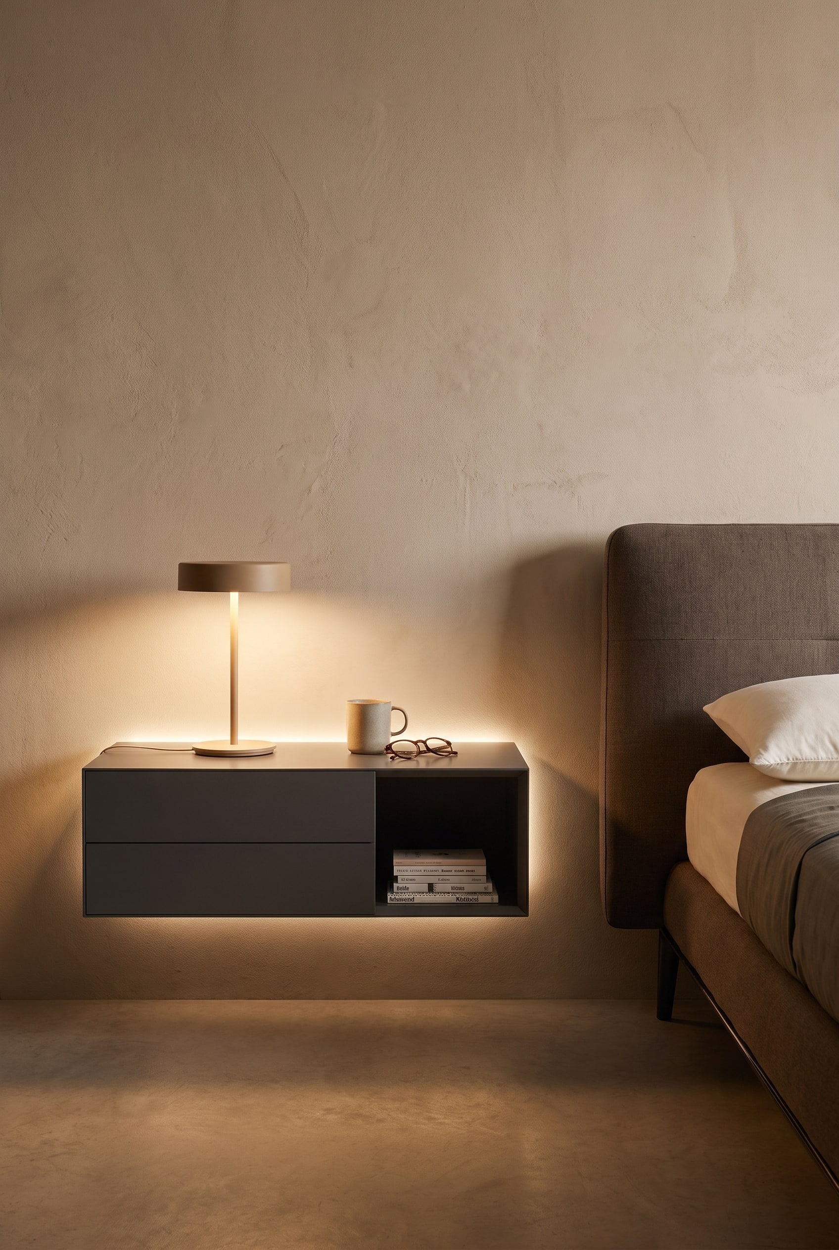 Compacte slaapkamer met indirect verlichte muur en het zwevende Livitalia Ecletto Open Nachtkastje