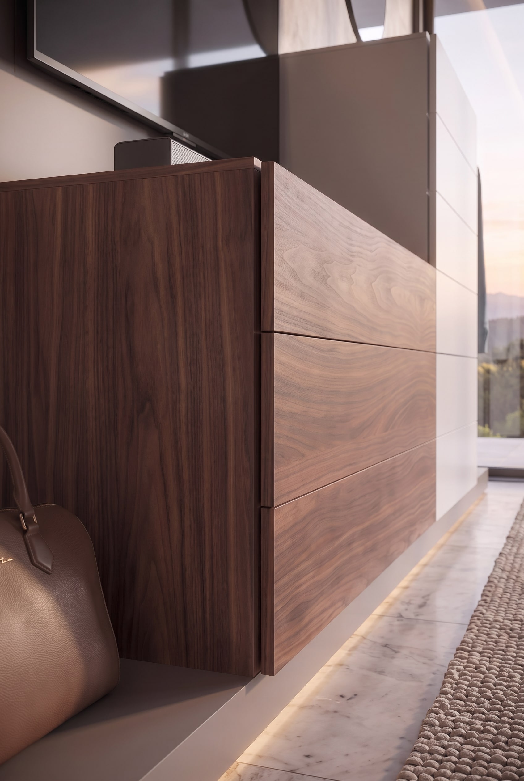Close-up van de greeploze commodeladen, die een elegante overgang van donker hout naar wit matlak tonen.