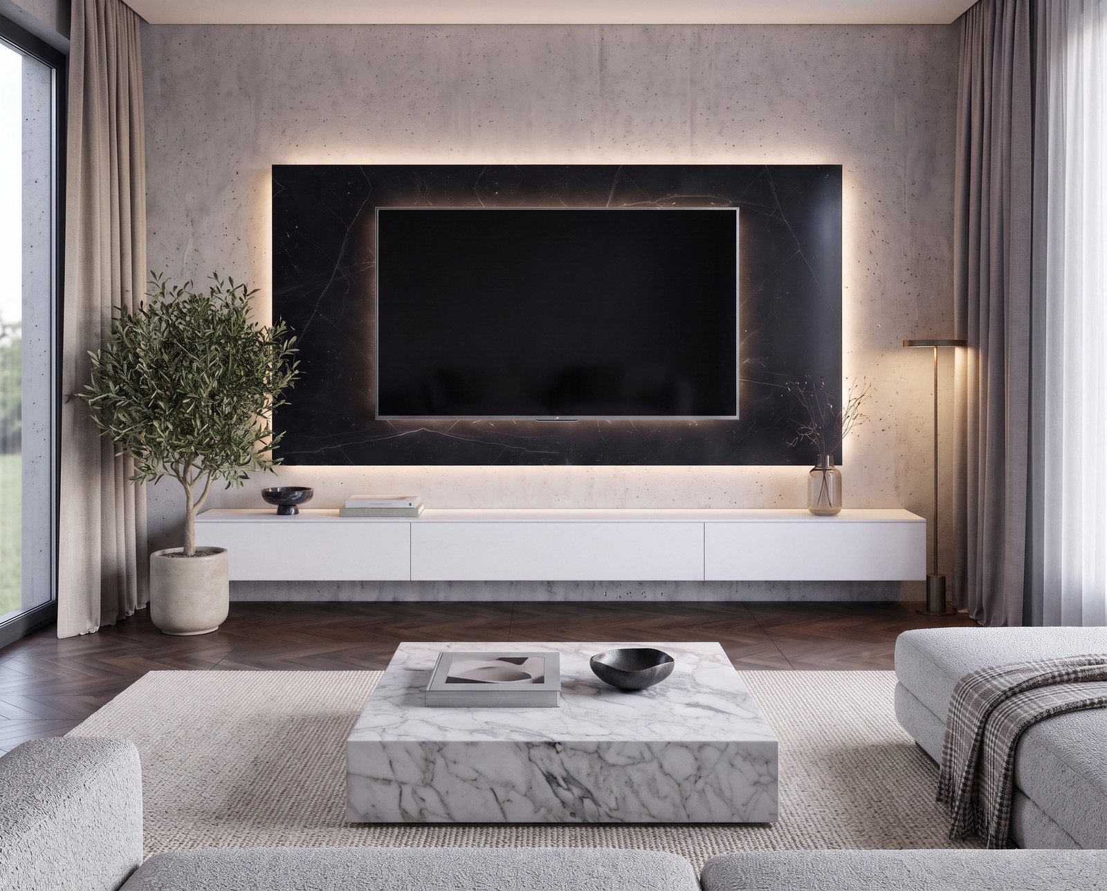 TV Paneel Keramik Schwarz B 240 cm an einer Sichtbetonwand TV Paneel Keramik Schwarz B 240 cm an einer Sichtbetonwand