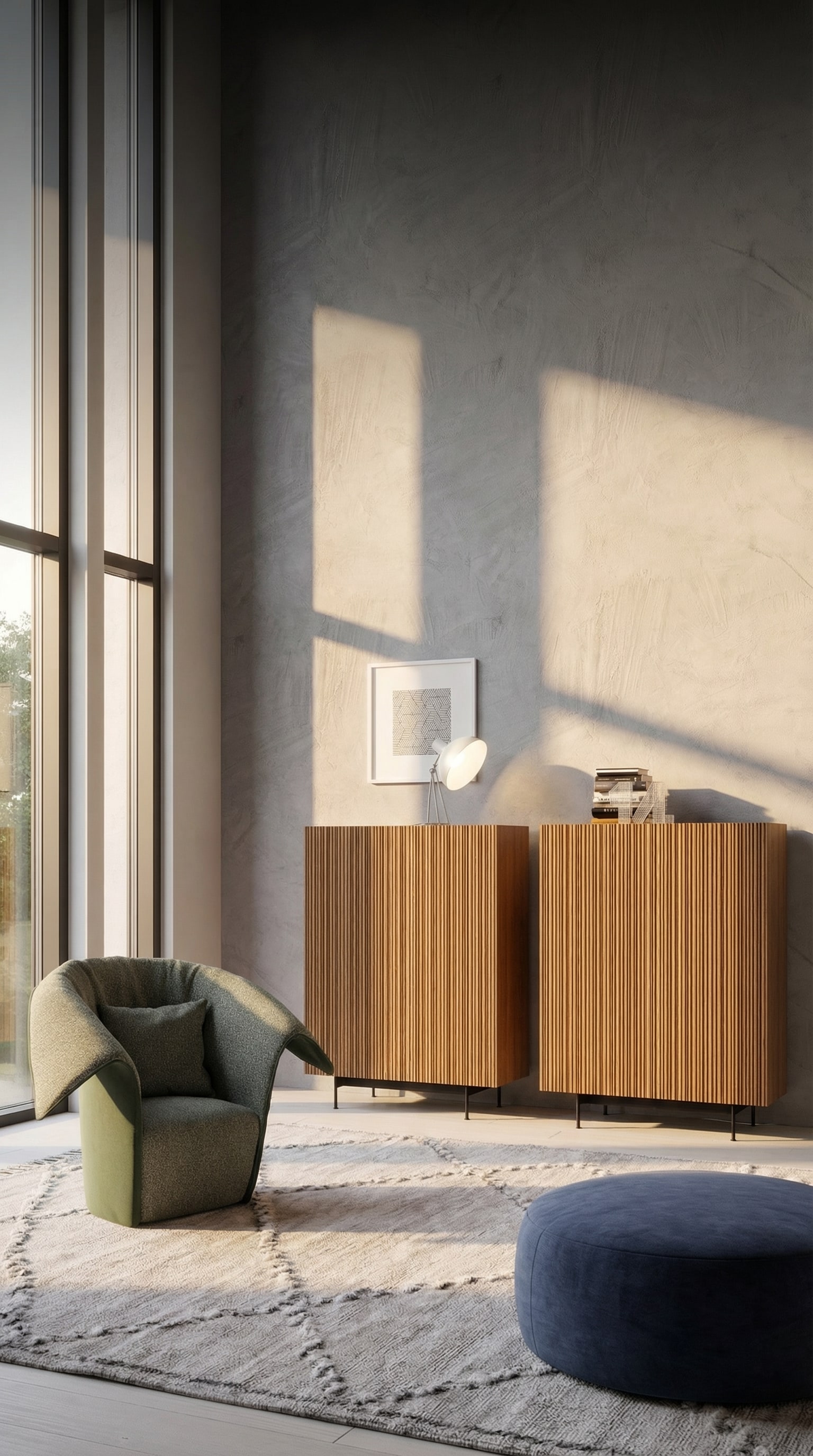Novamobili Sideboard / Highboard Bay dans un salon élégant et lumineux avec de l'art stylé. Novamobili Sideboard / Highboard Bay dans un salon élégant et lumineux avec de l'art stylé.