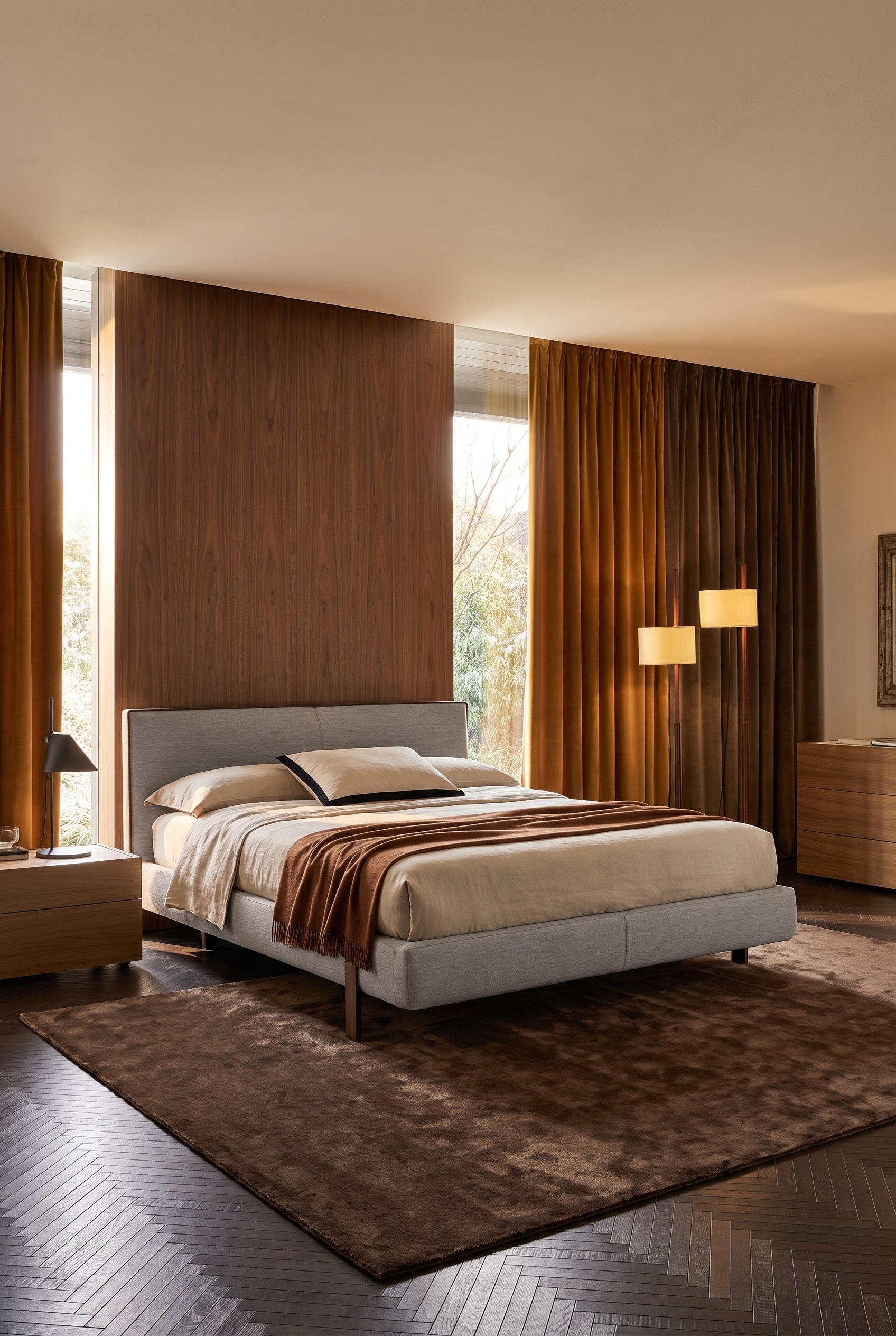 Elegant gestoffeerd bed met licht hellend hoofdbord in kakikleurige stof in een lichte, warme slaapkamer