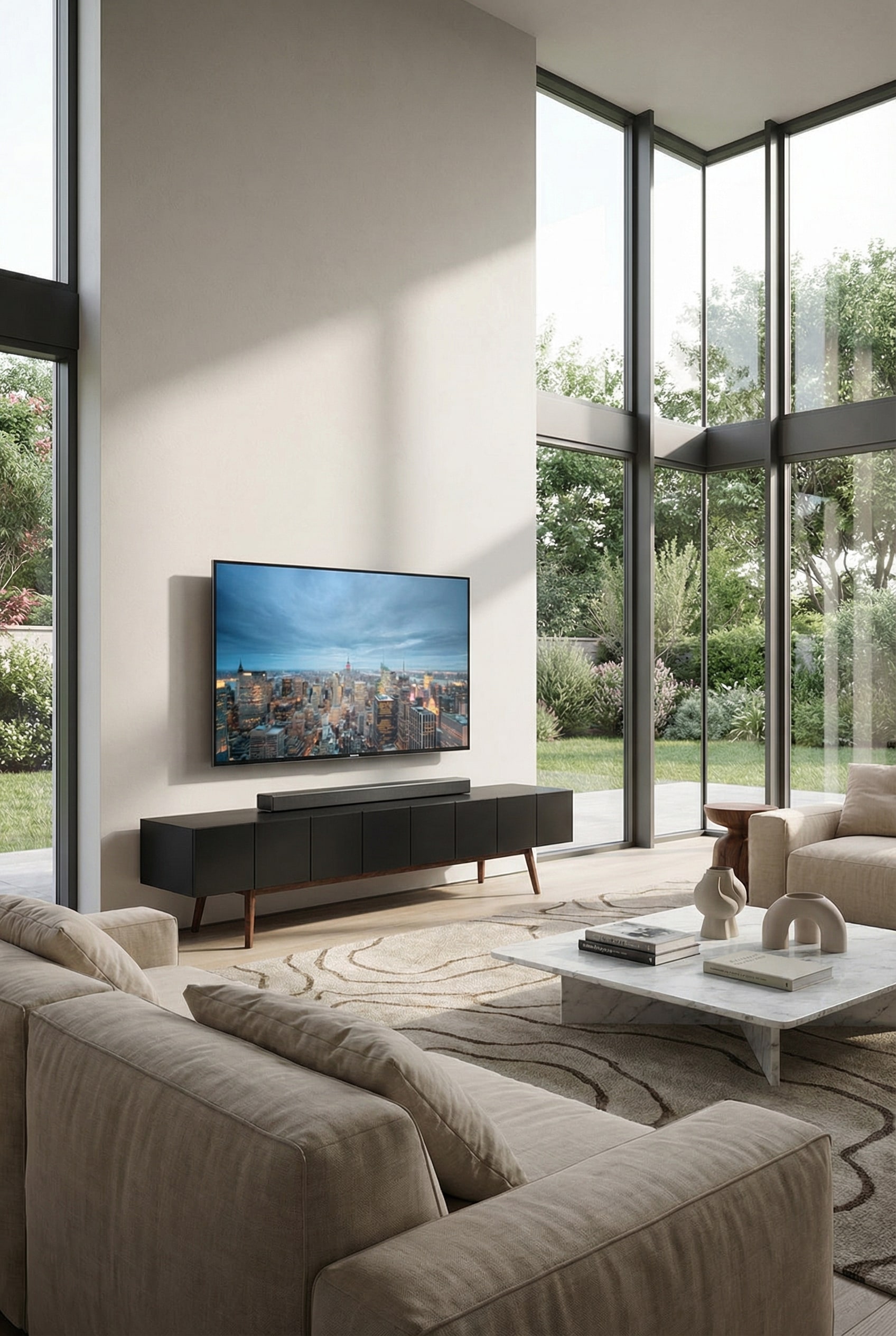 Lowboard bicolore avec des &eacute;l&eacute;ments laqu&eacute;s et en bois dans un salon minimaliste