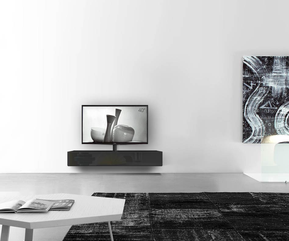 Design Lowboard Konfigurator mit TV Halterung Wand Breite 150 24 54,6 mitte glanz schwarz