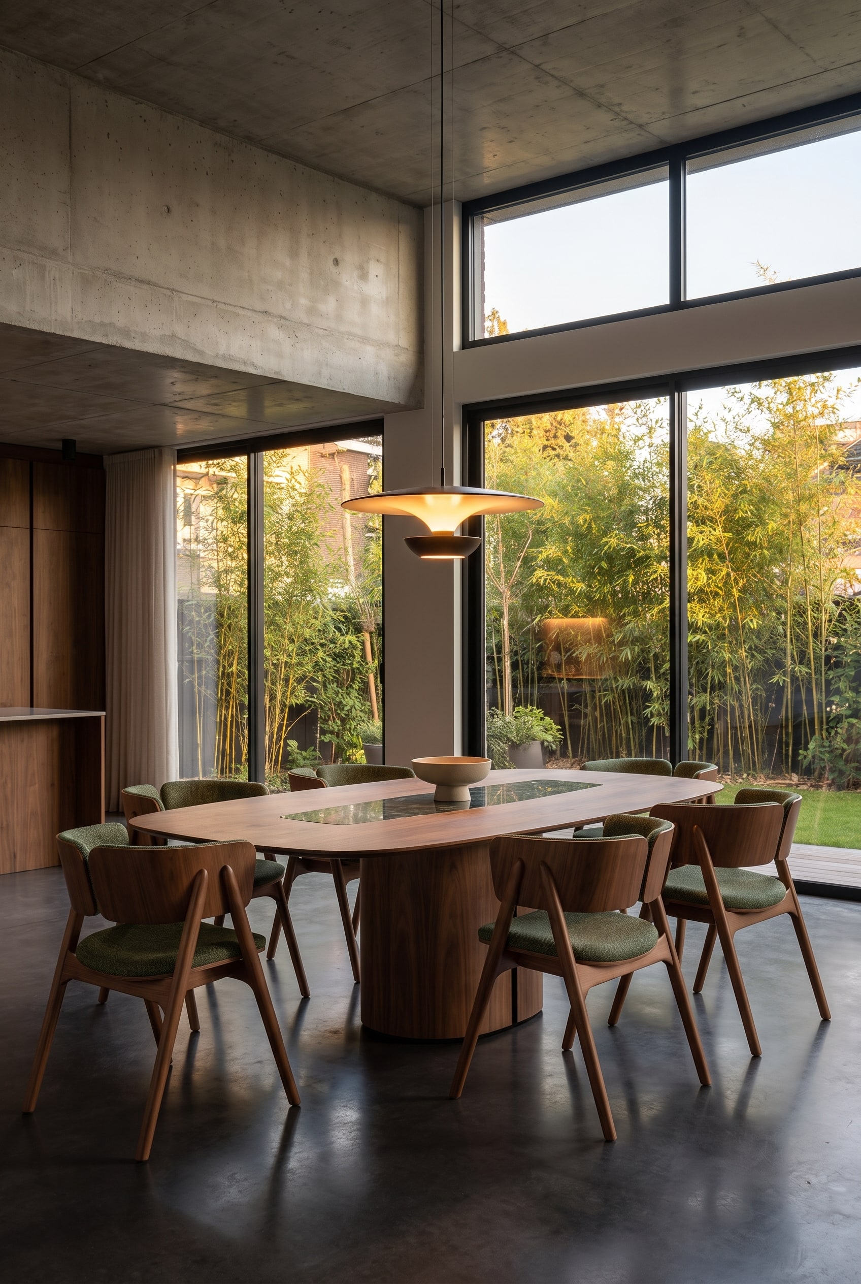 Een architectonische eettafel met sculpturaal houten onderstel in een royale open woonkeuken, die als ruimteverdeler fungeert.