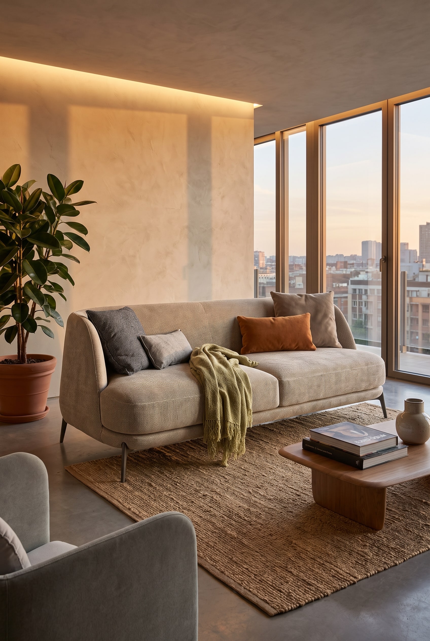 Moderne woonkamer met gebogen stoffen bank in licht beige, twee vierkante sierkussens en een smal lendenkussen