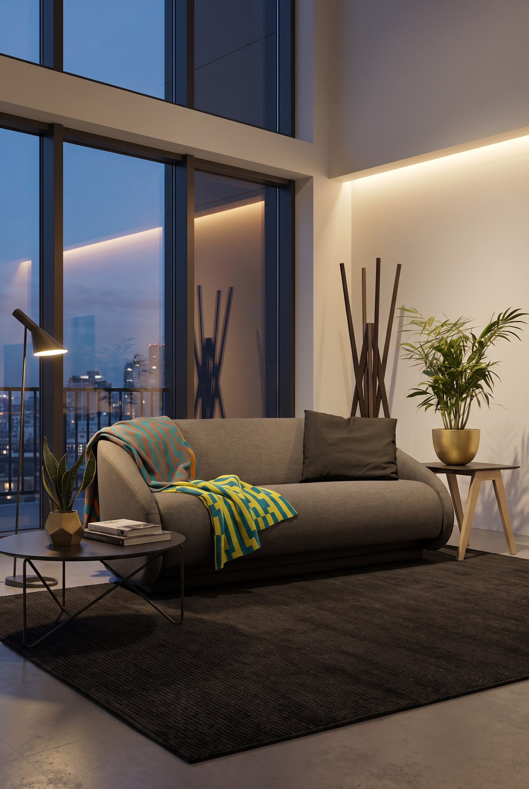 Compacte, moderne slaapbank in grijs met ronde armleuningen, gecombineerd met geel viltkleed en decoratieve kussens