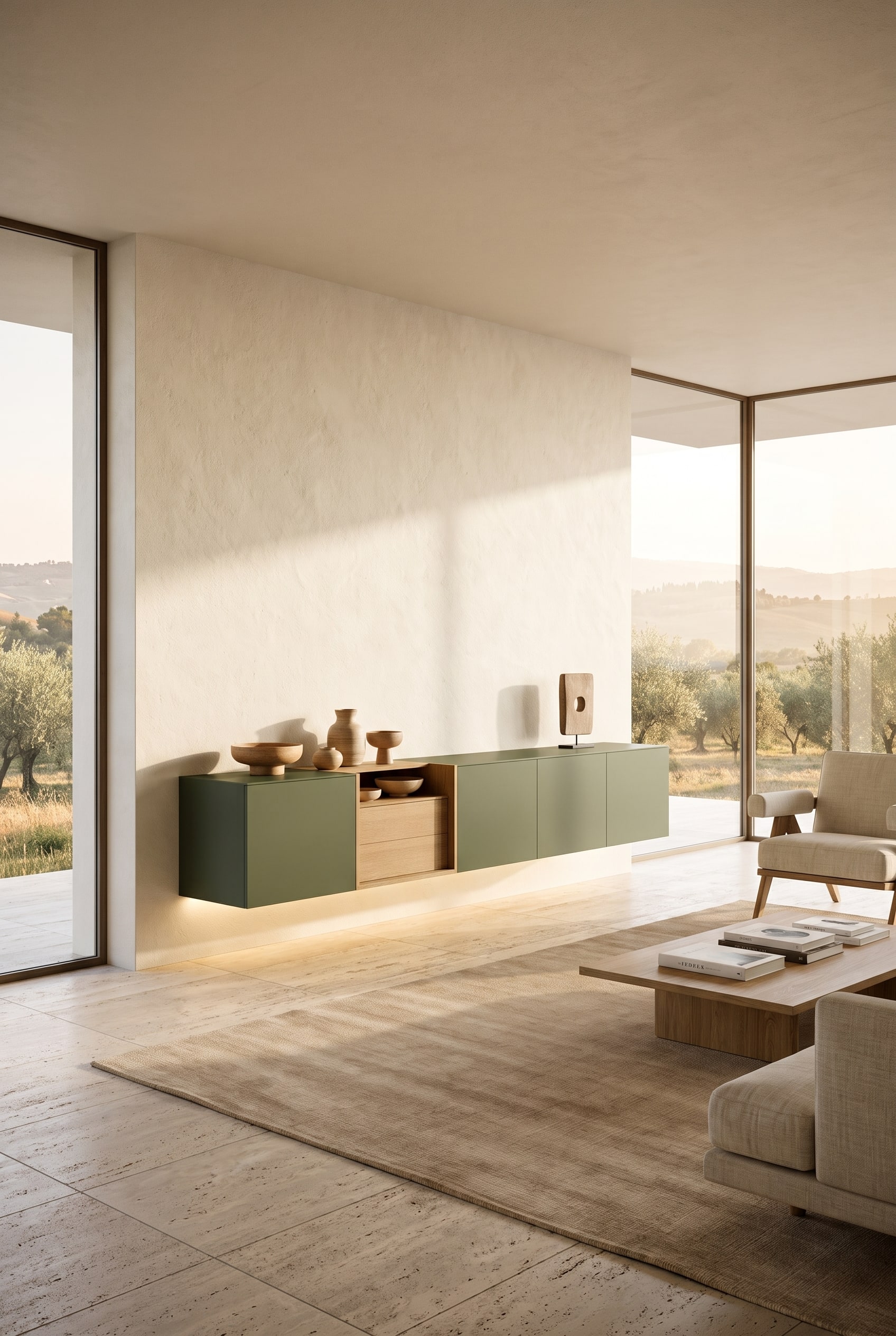 Modern living room with a floating wall sideboard in olive green with wooden elements and a bulbous ceramic bowl