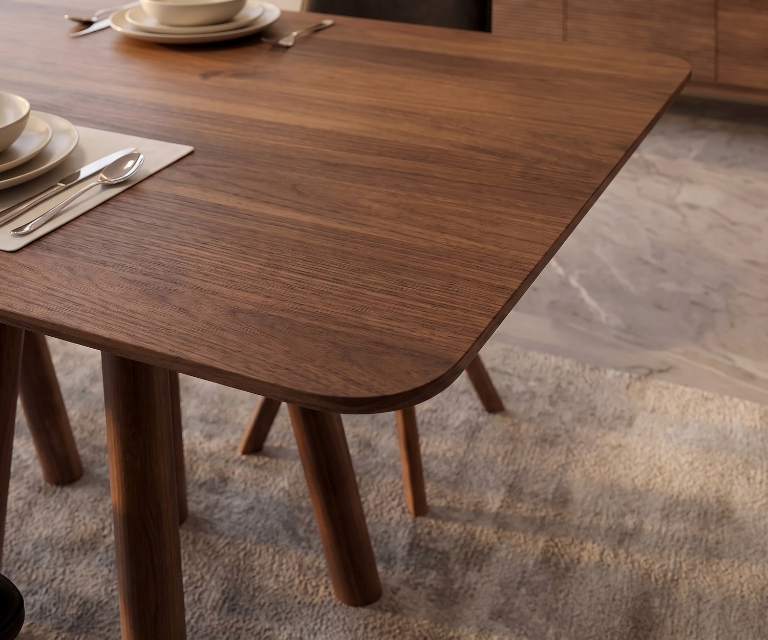 Designer walnut dining table mos-i-ko 001 a al2 mos-i-ko 001 a dining table made of real walnut wood, modern dining room table with rounded corners and wood grain