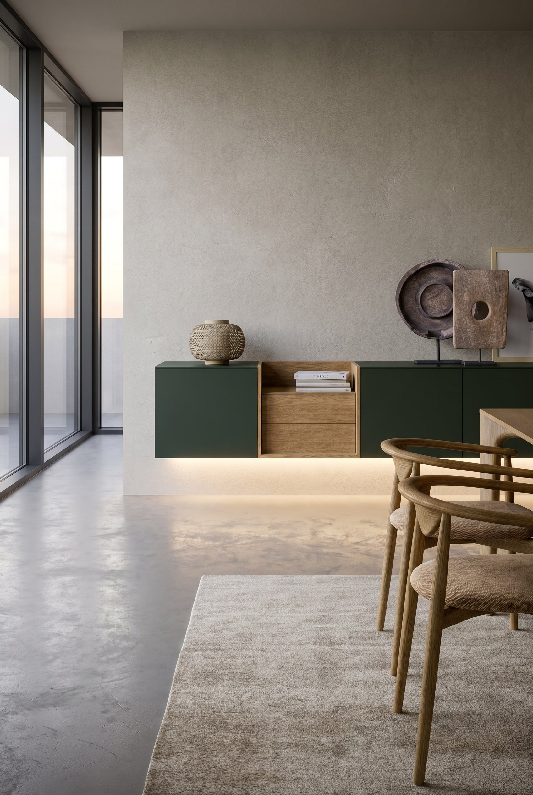 Minimalistische eetkamer met wandhangend dressoir, indirecte plintverlichting en een elegant tapijt